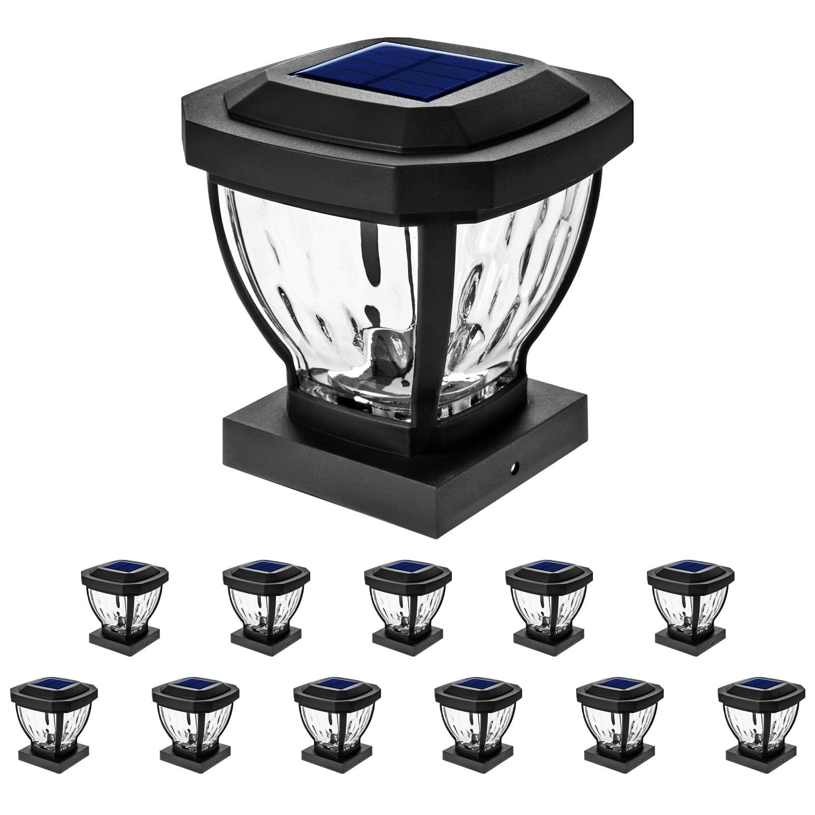 Black Decorative Glass Solar LED Post Cap Lights, 3.5 x 3.5 in, 12-Pack