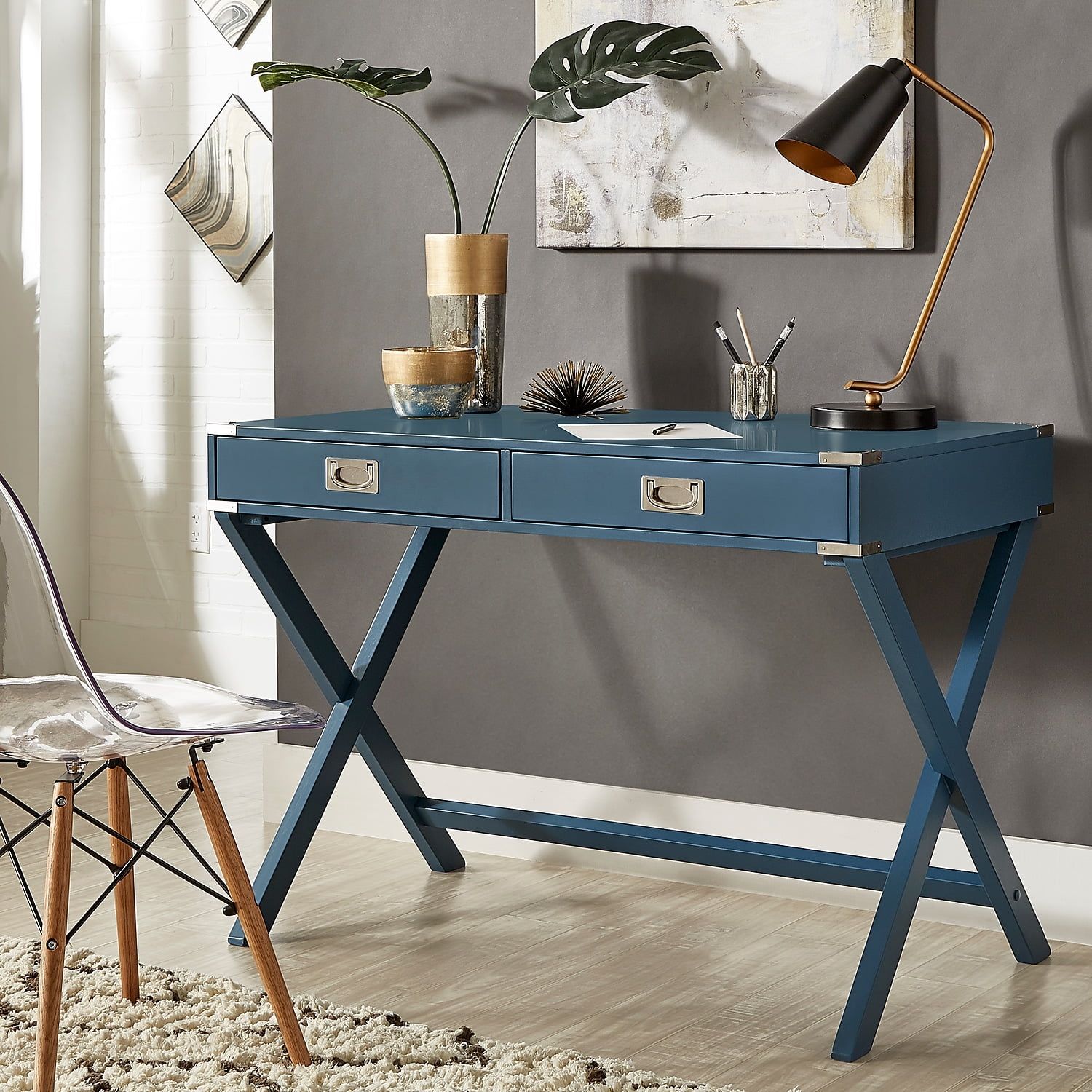 Bluesteel Poplar Wood X-Base Desk with Drawers