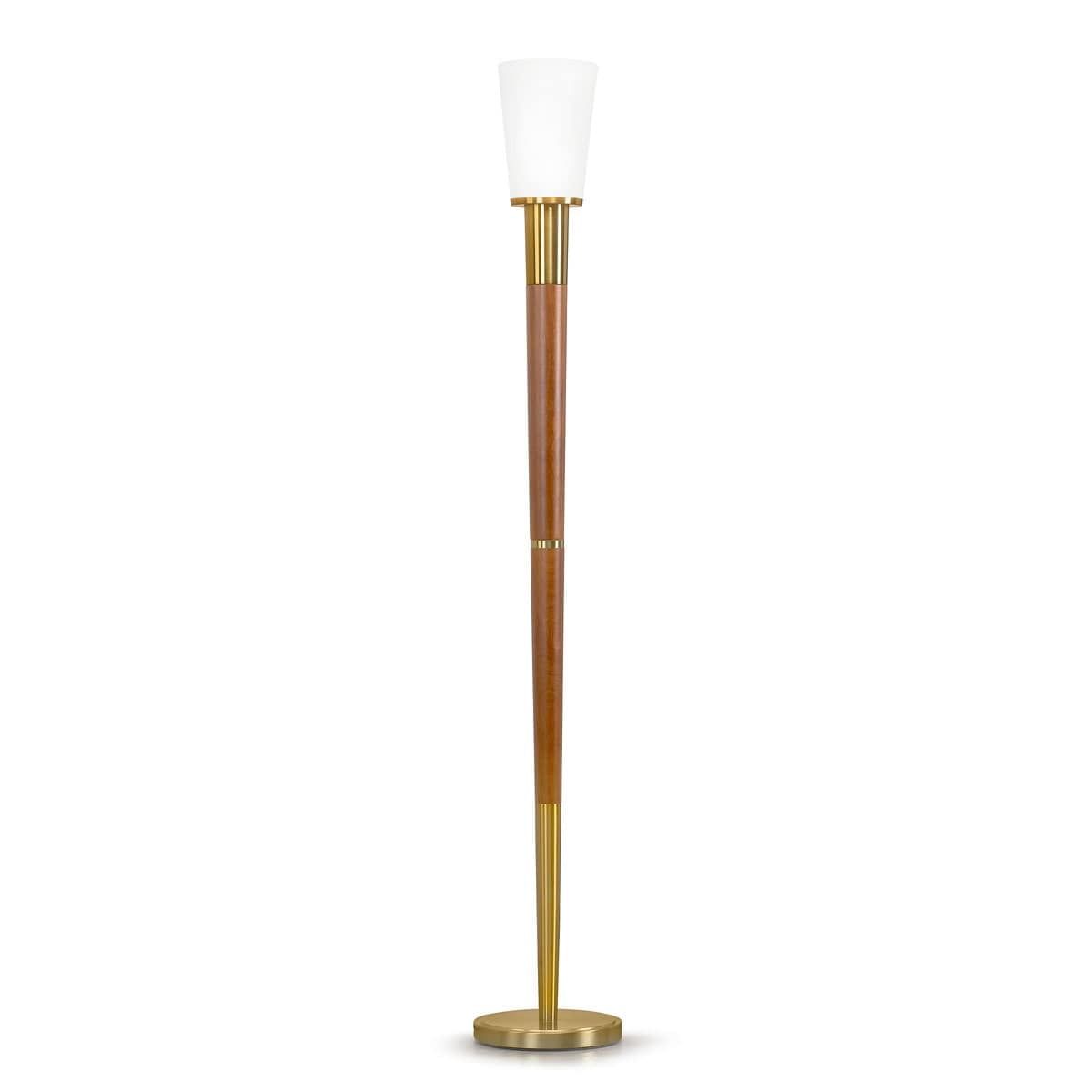 Manhattan Walnut and Brushed Brass Torchiere Floor Lamp with Glass Shade