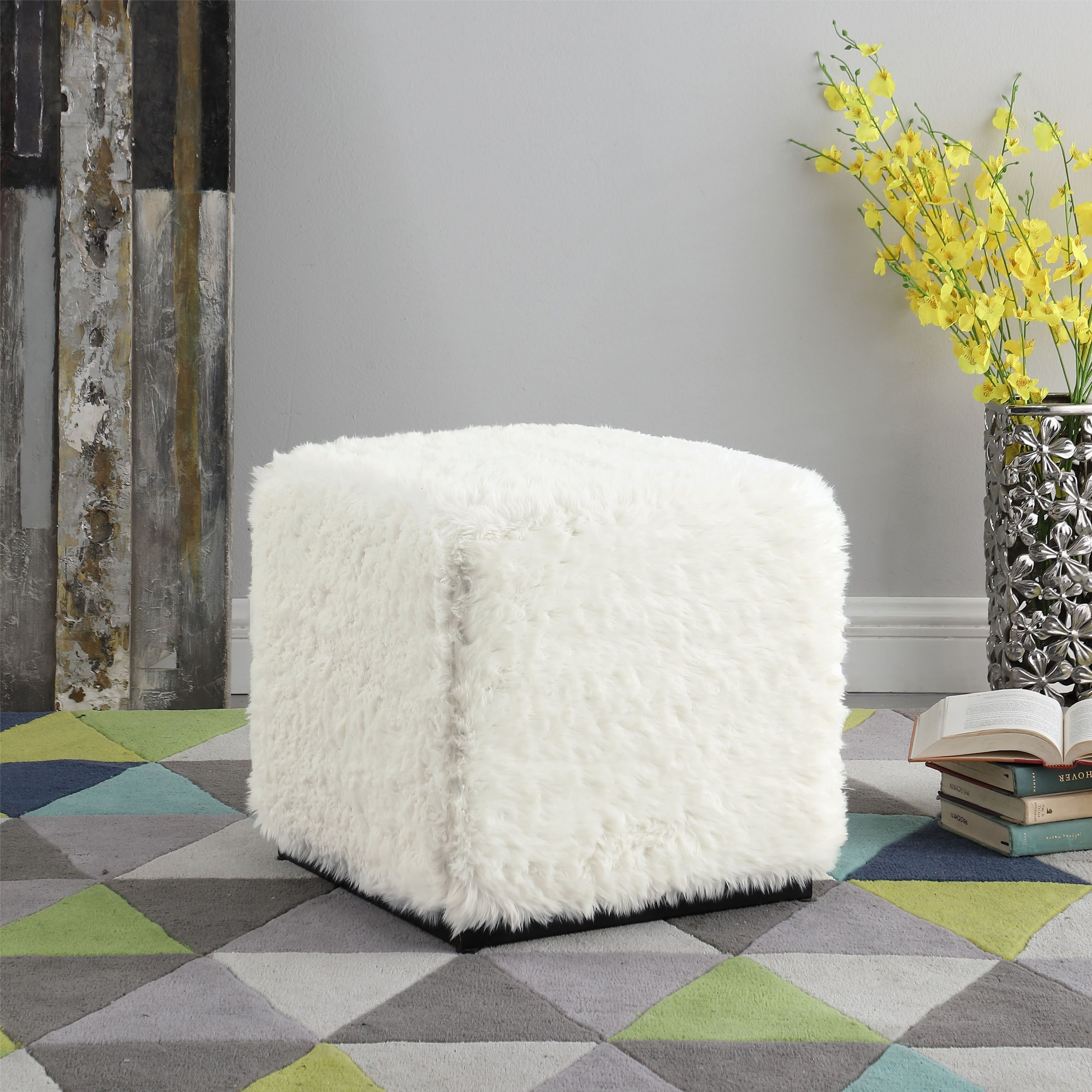 White Faux Fur Cube Ottoman with Metal Base