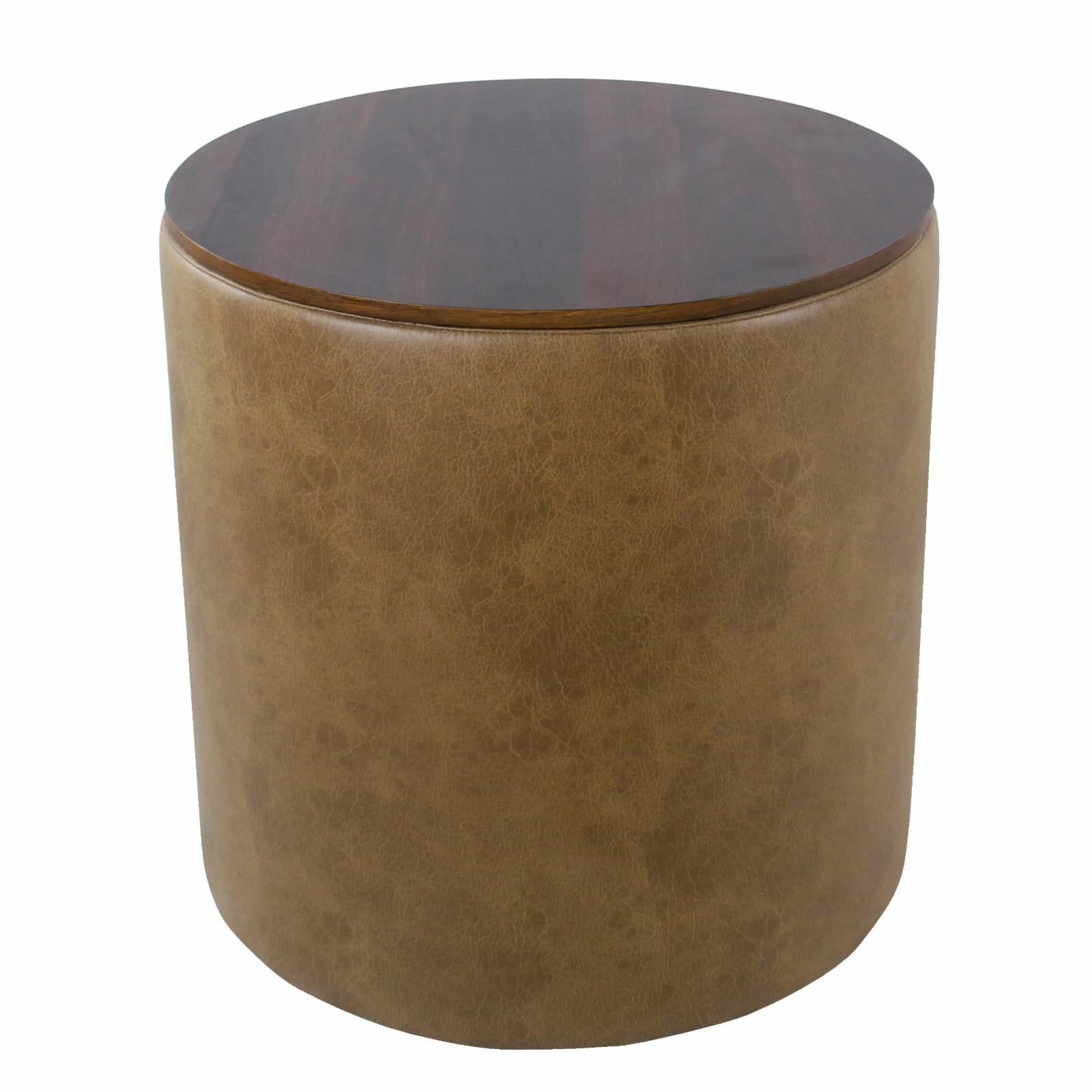 Light Brown Faux Leather Storage Ottoman with Wood Top