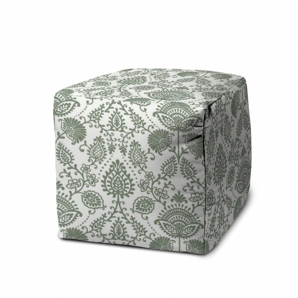 17" Green and White Polyester Cube Indoor Outdoor Pouf Ottoman