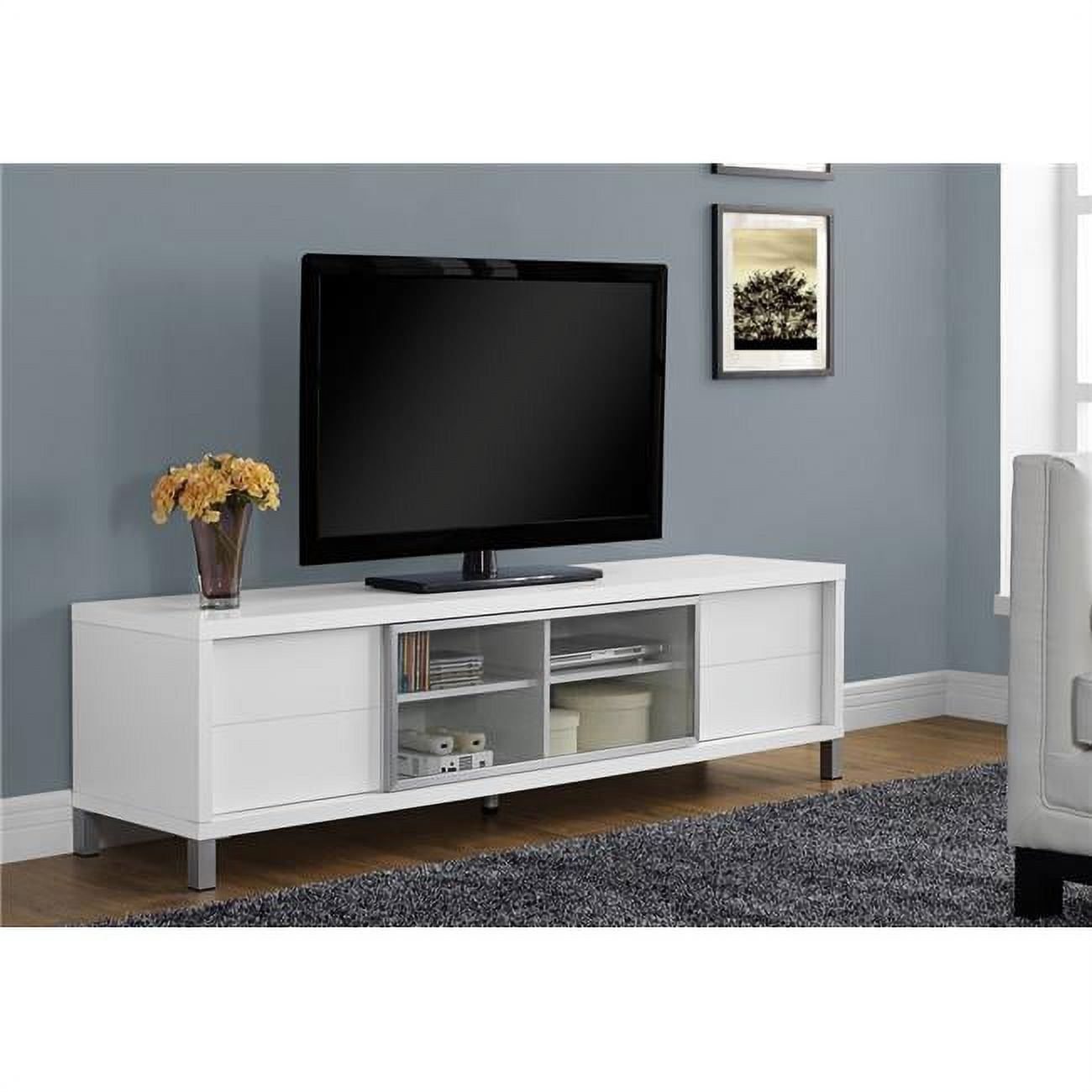 Contemporary 71'' White Particle Board TV Stand with Clear Glass