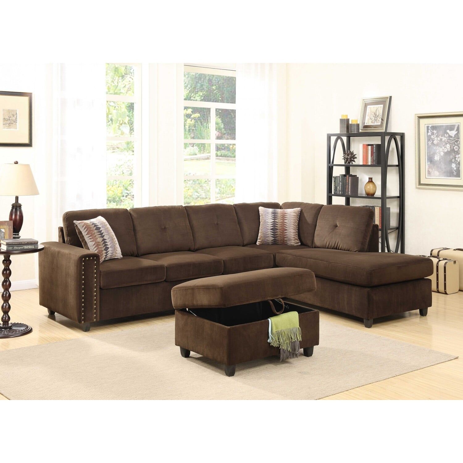 Chocolate Velvet Tufted Sectional Sofa with Ottoman