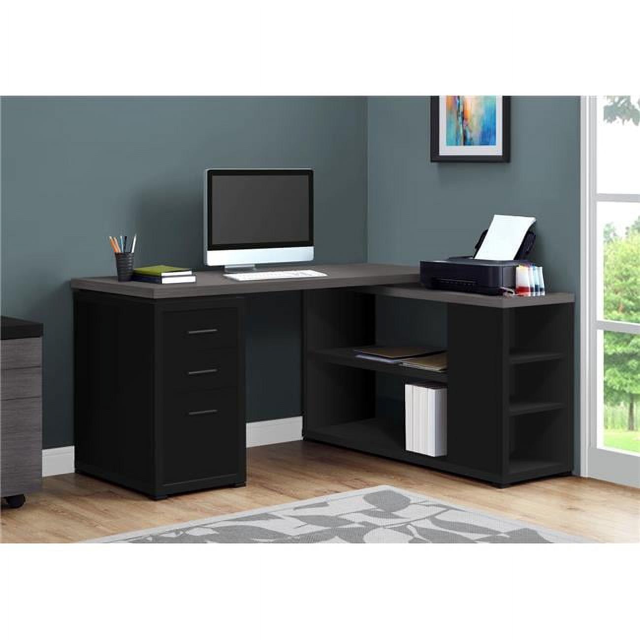 Executive Gray L-Shaped Computer Desk with 3 Drawers