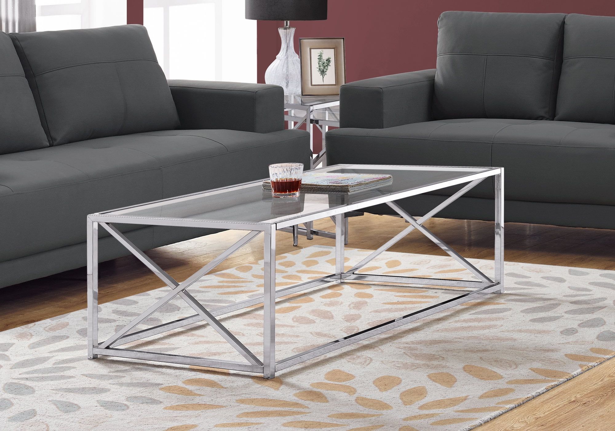 Elegant 44" Chrome Metal & Clear Glass Rectangular Coffee Table