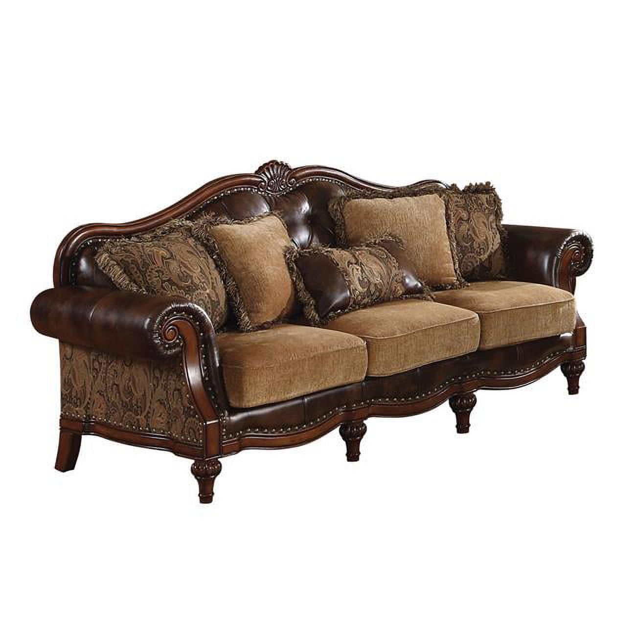 Brown Faux Leather and Chenille Tufted Sofa with Rolled Arms