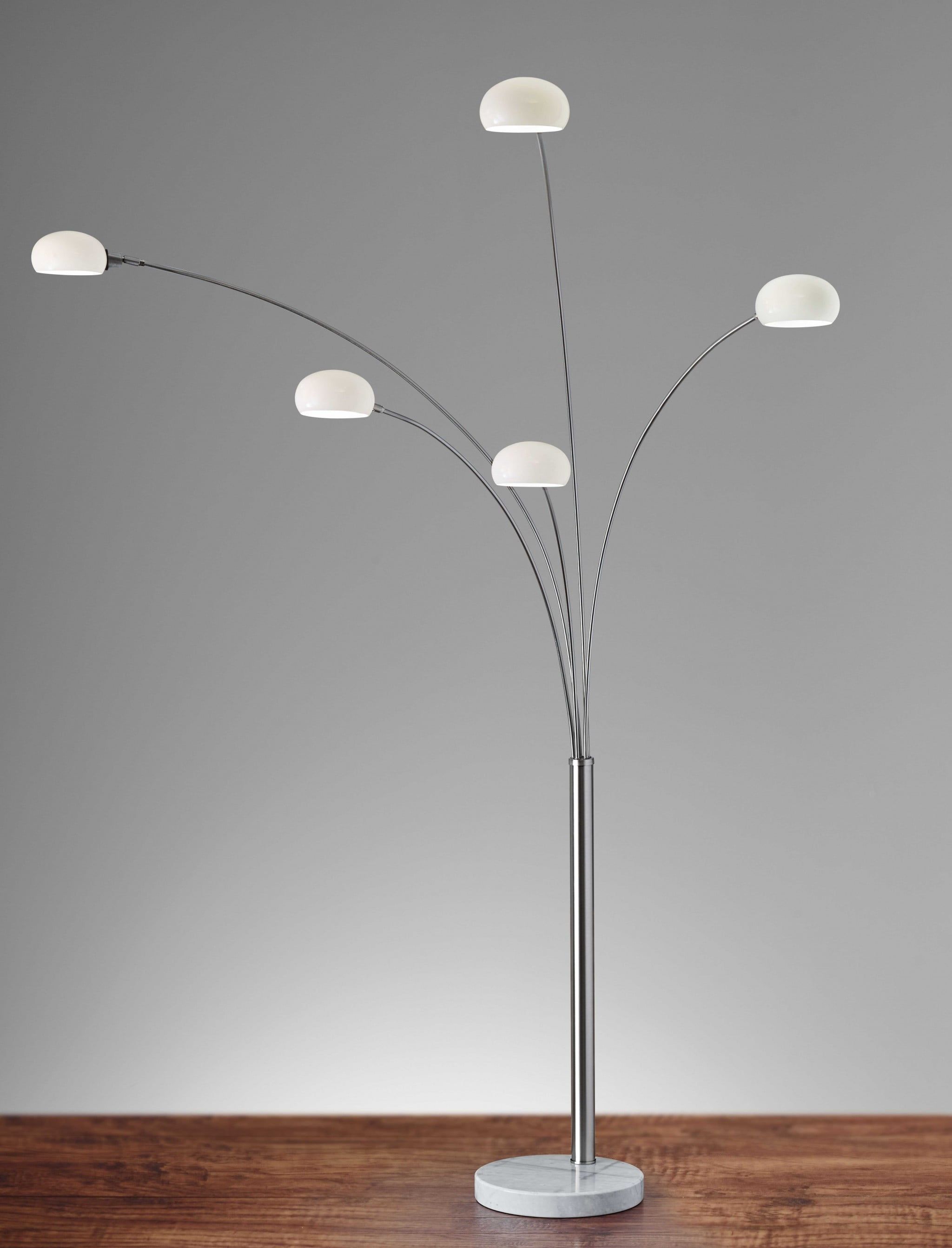 Elegant Brushed Steel Adjustable Arc Floor Lamp with White Milk Glass Shades