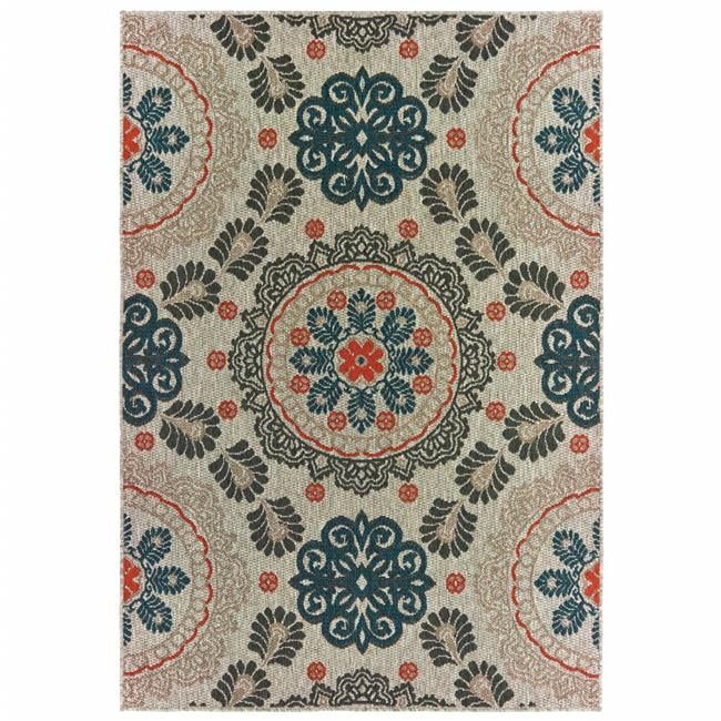 Blue and Beige Floral Indoor Outdoor Area Rug