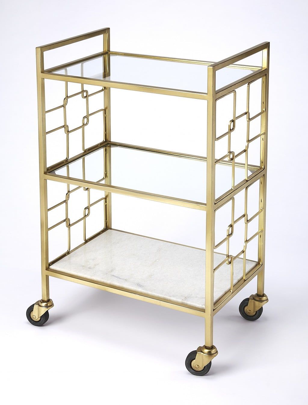 Polished Gold Stainless Steel Bar Cart with Glass Shelves