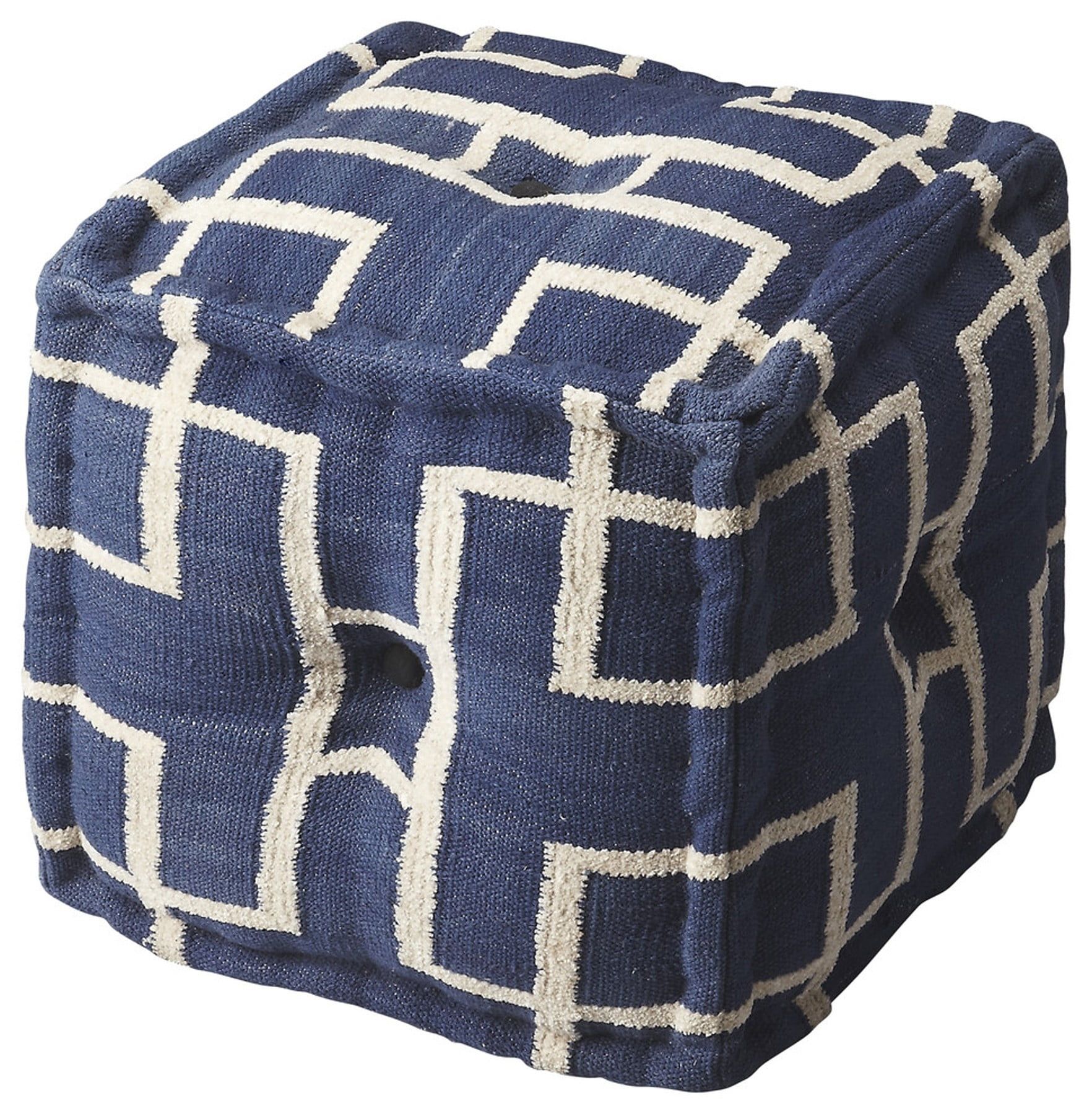 Contemporary Blue and White Cotton Square Pouf Ottoman