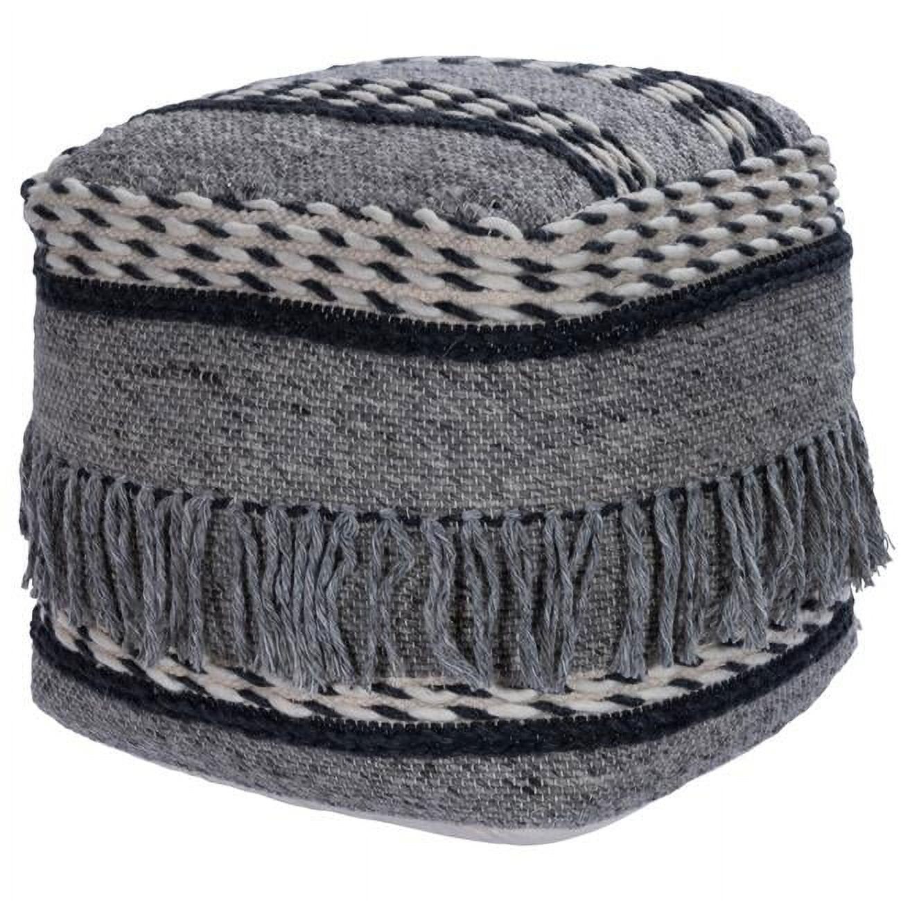 Boho Chic Black and Gray Square Pouf with Tassels