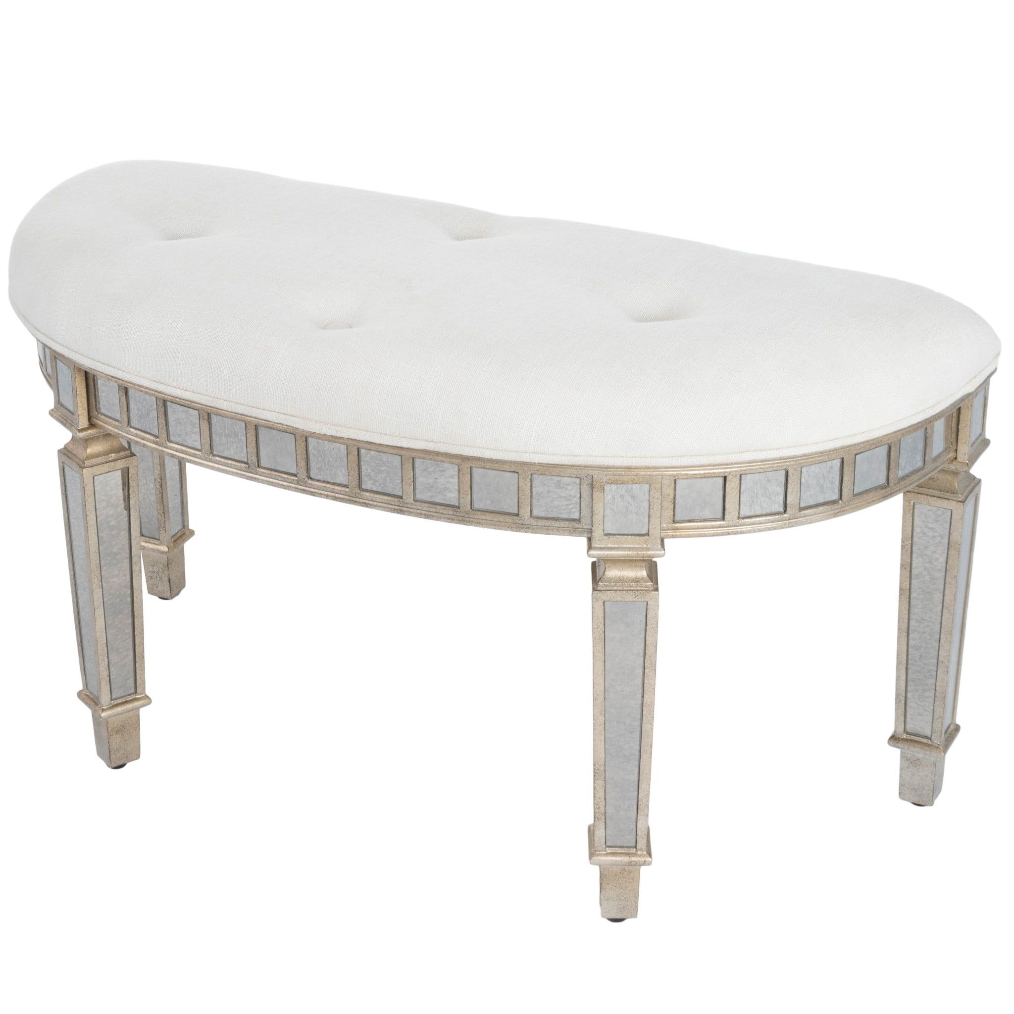 Elegant Antiqued Mirrored Crescent Bench with Tufted Cushion, Silver