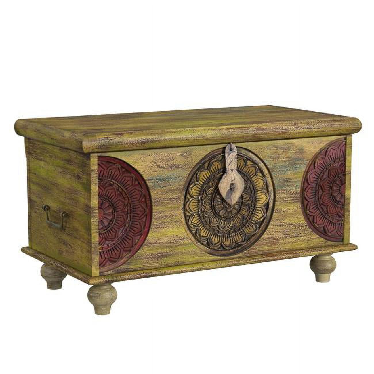 Mesa Carved Aged Wood Lift-Top Storage Trunk Coffee Table