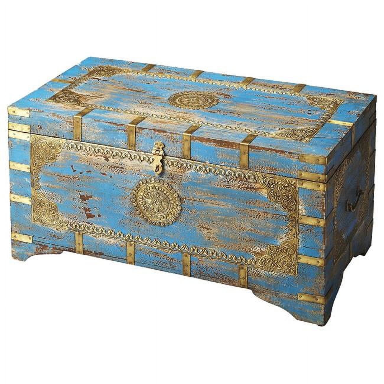 Blue and Gold Mango Wood Storage Trunk with Brass Inlay