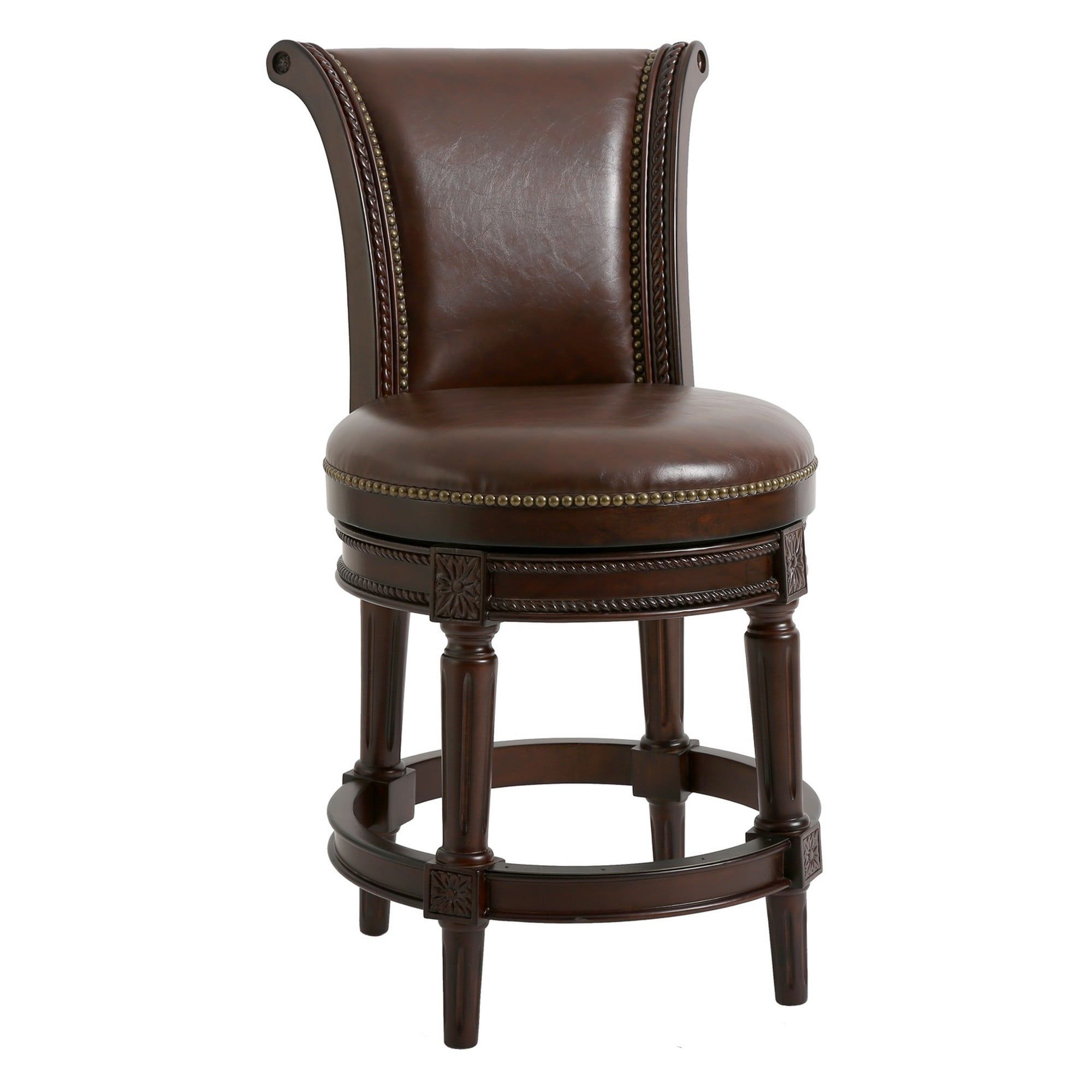 39" Brown Leather and Walnut Swivel Bar Stool