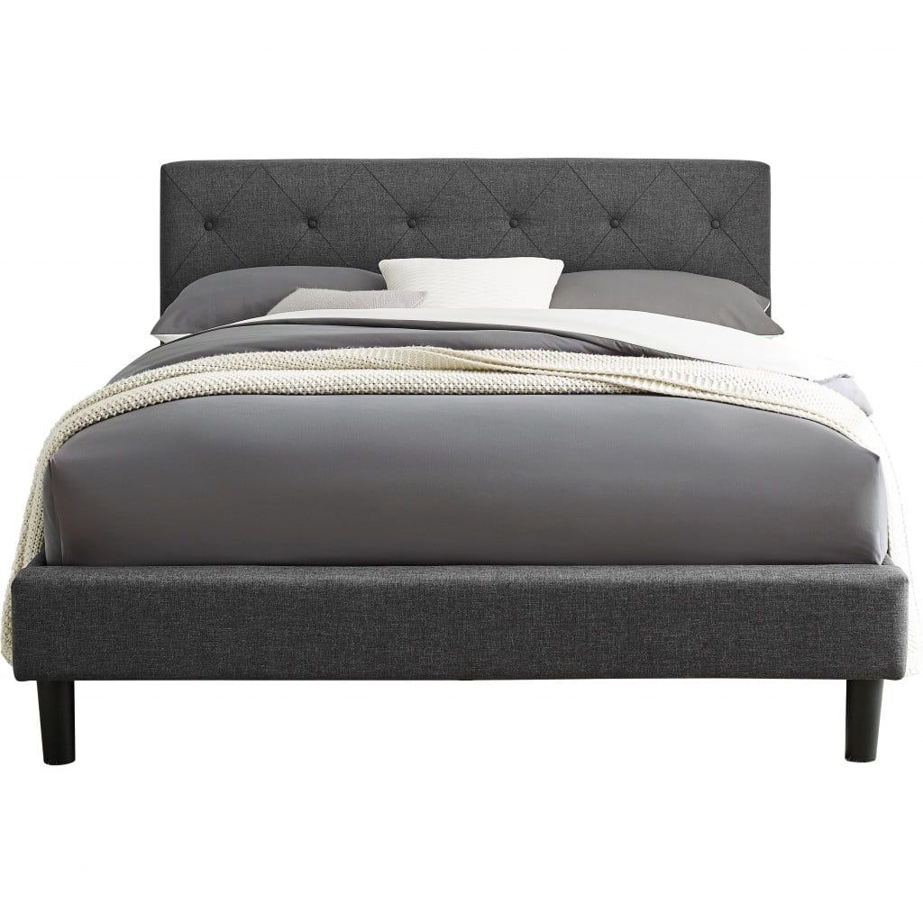 Gray Queen Upholstered Platform Bed with Tufted Headboard