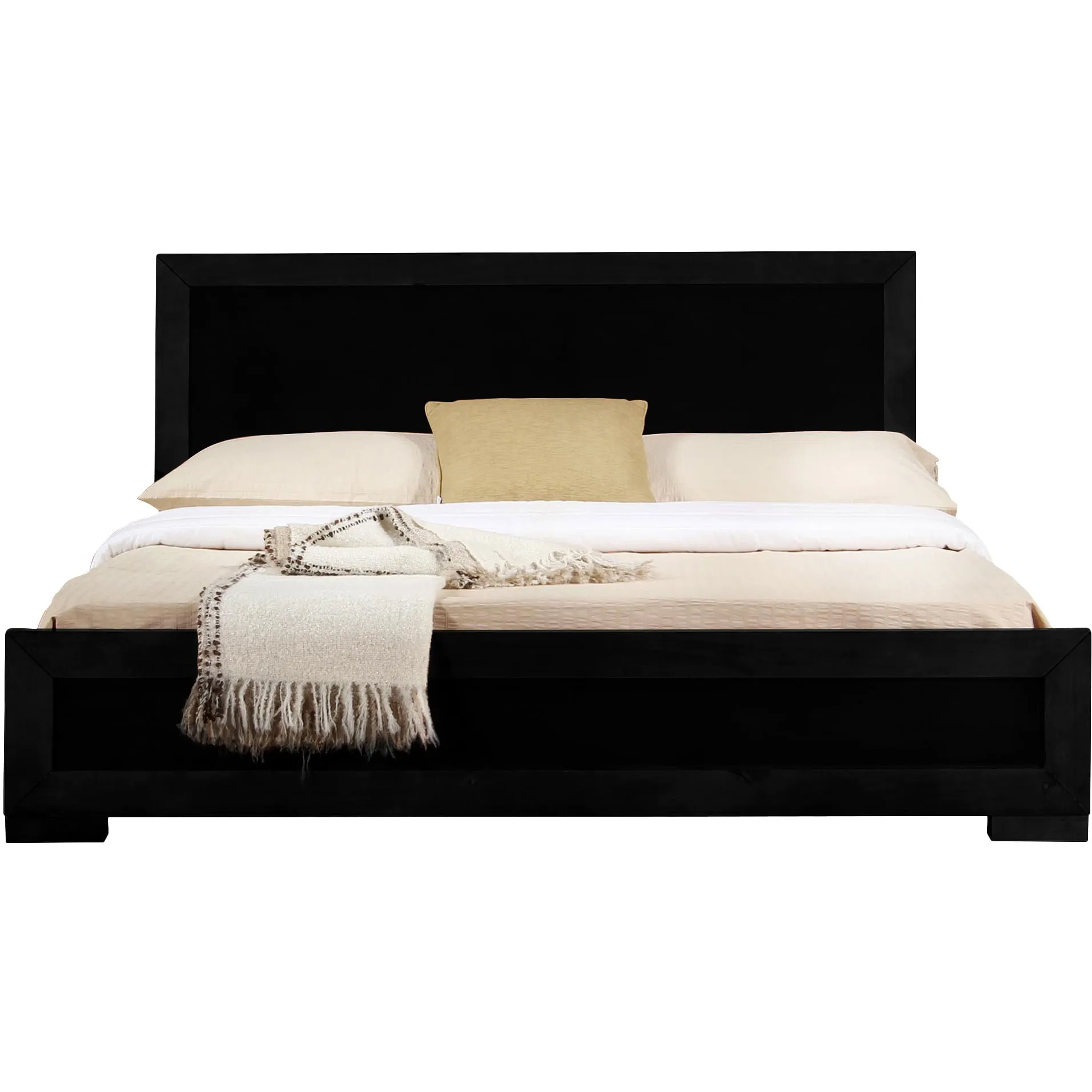 Elegant Black Wood Full Platform Bed with Upholstered Headboard