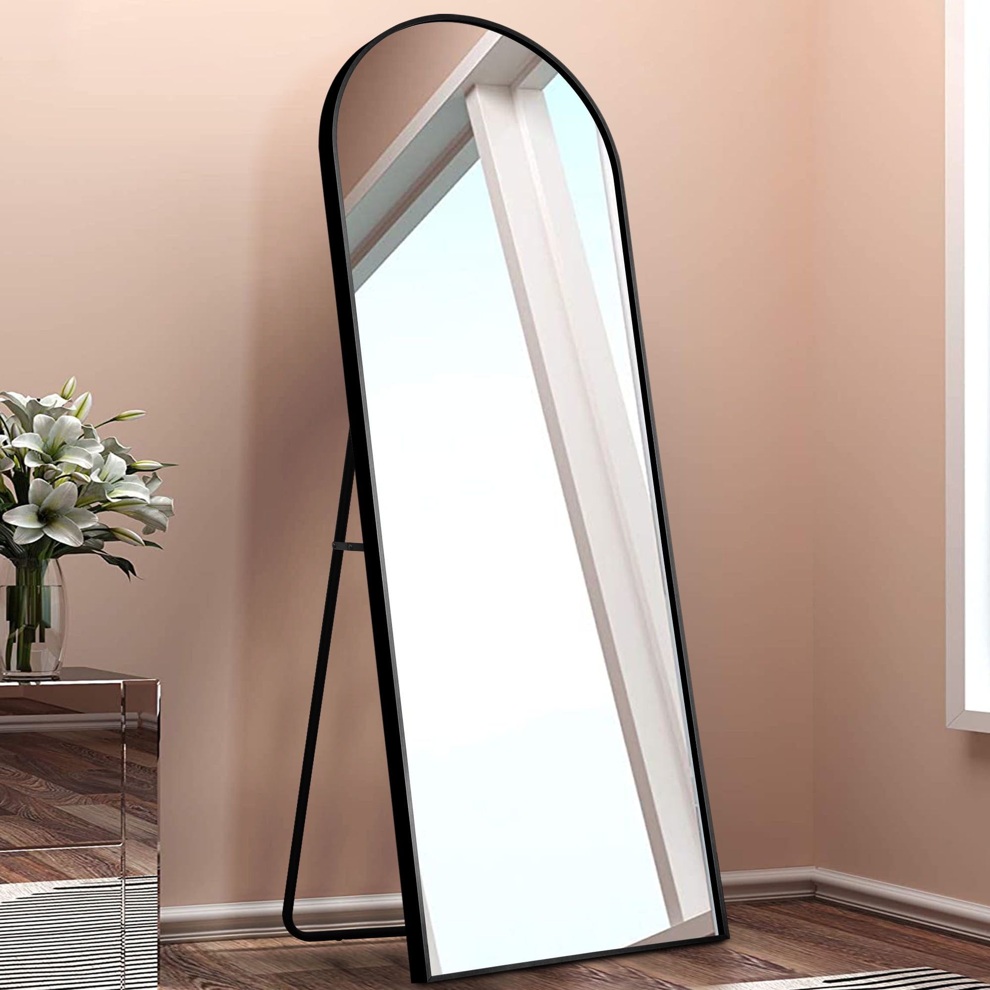 Arched Black Aluminum Full Length Mirror with Stand