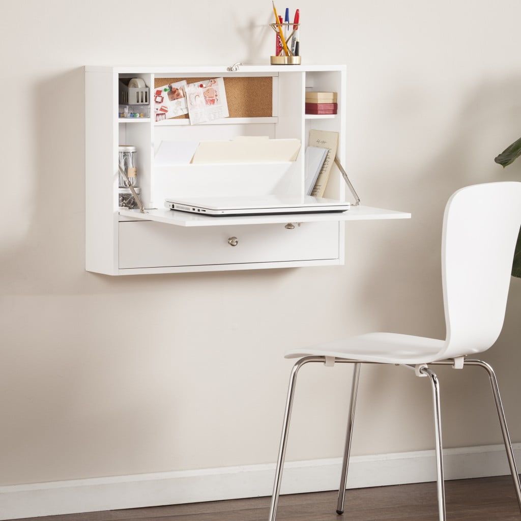 White Wall Mounted Foldable Desk with Drawer