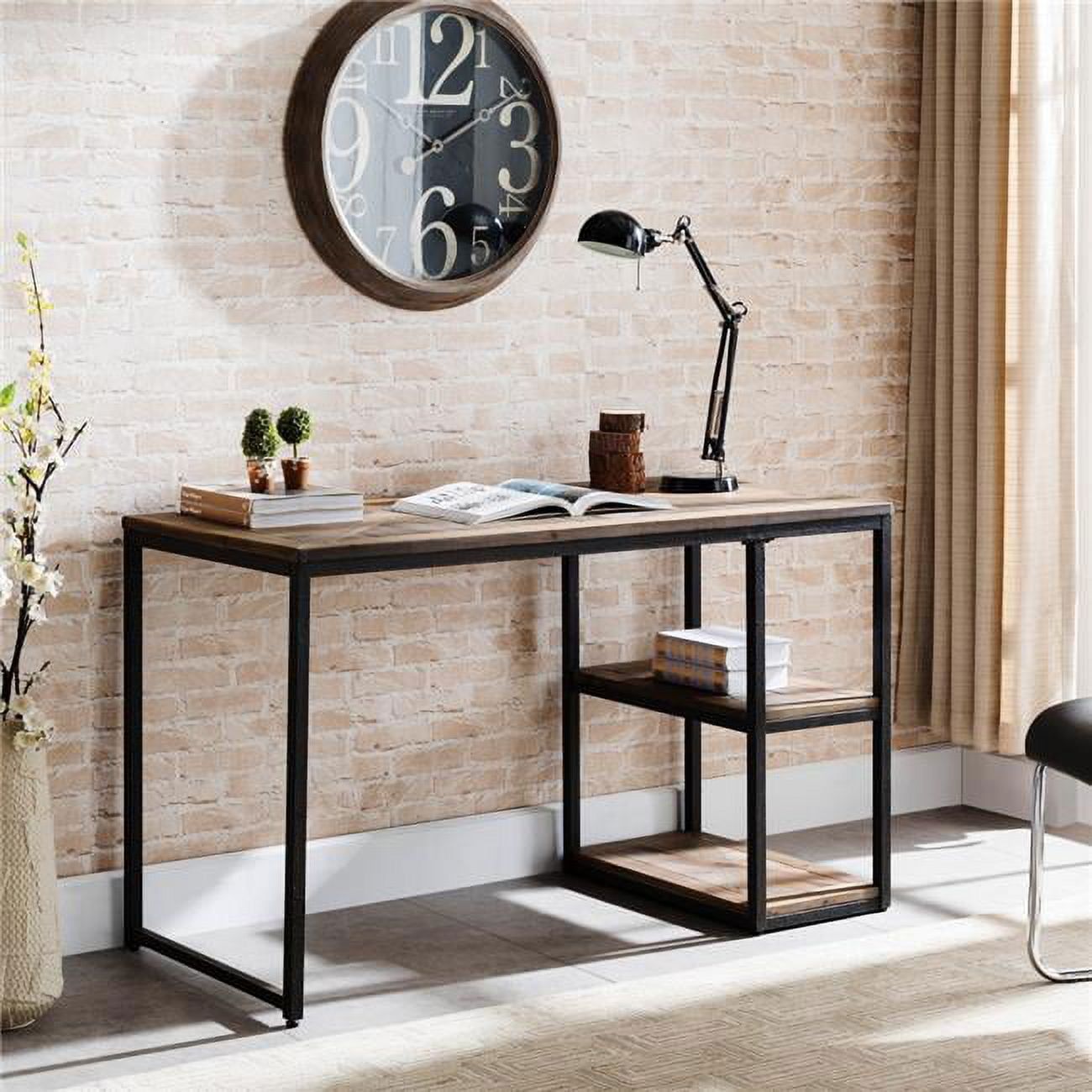 Rustic Black Reclaimed Wood Desk with Slatted Shelves