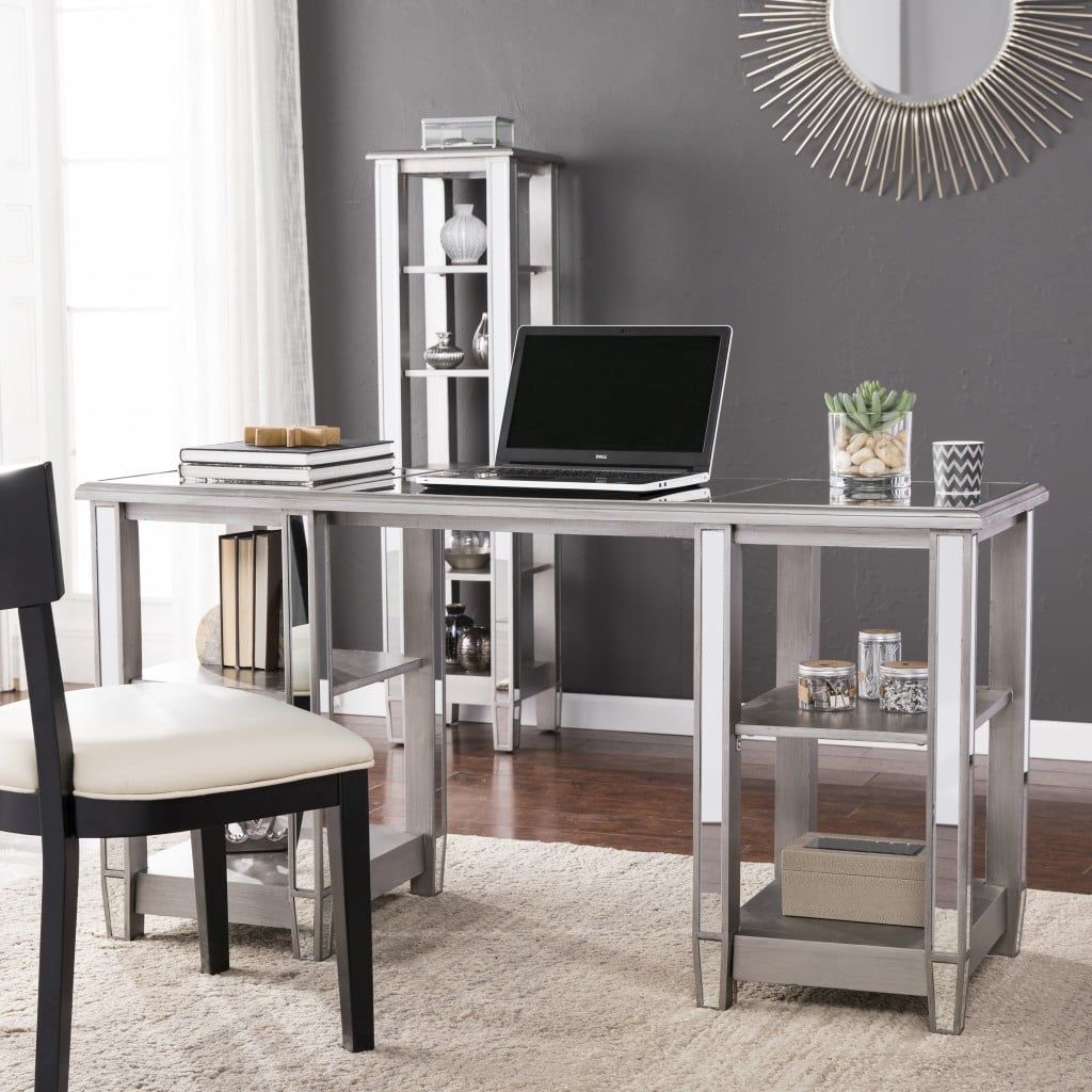 Contemporary Matte Silver Mirrored Office Desk with Open Shelves