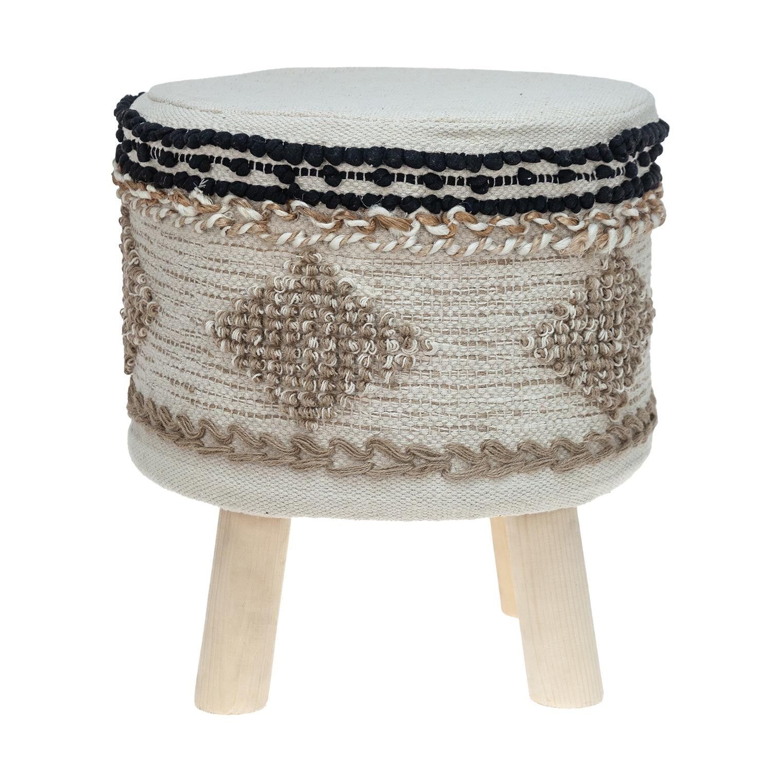 Beige and Black Round Cotton Jute Pouf Ottoman