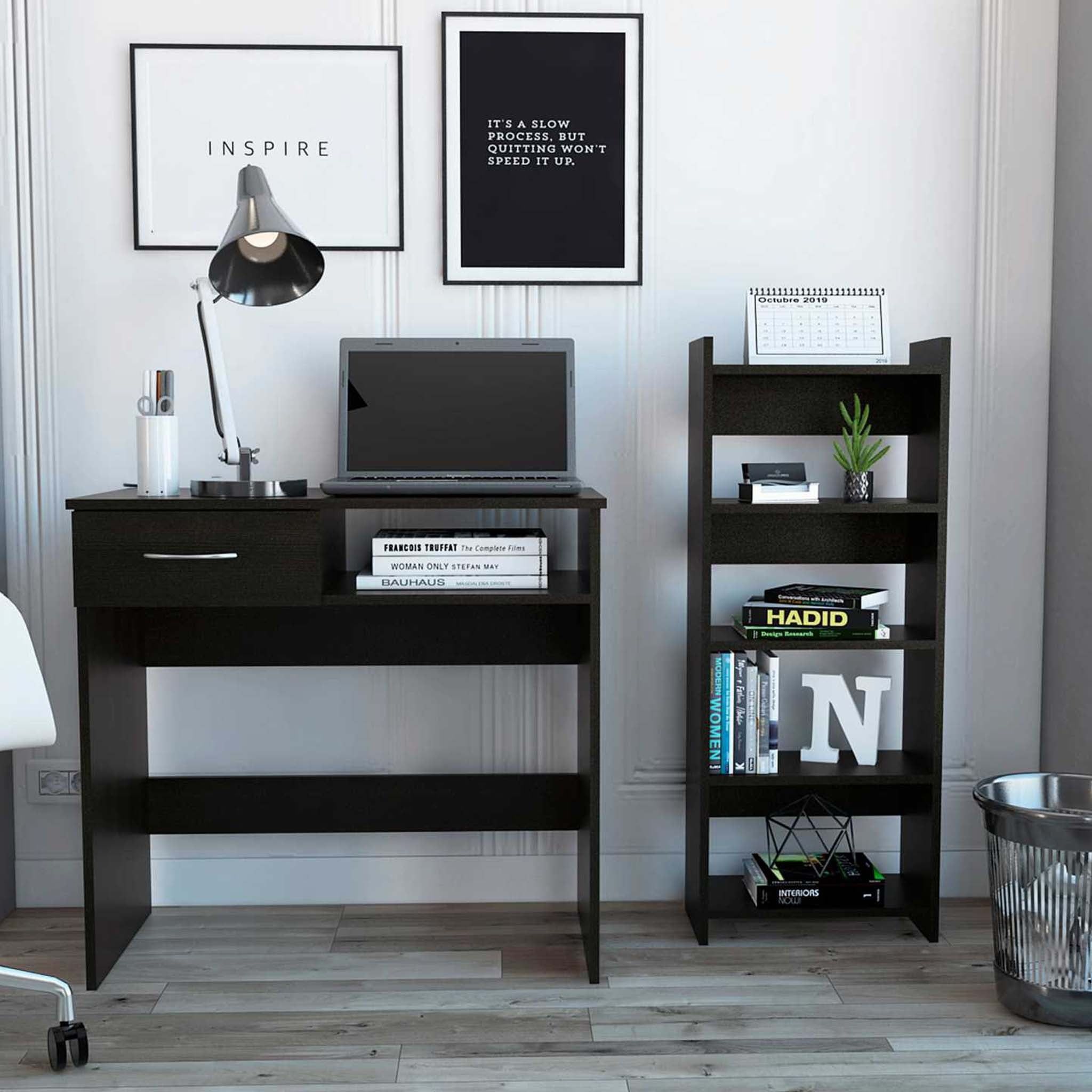 Compact Mod Black Desk & Bookshelf Set with Drawer