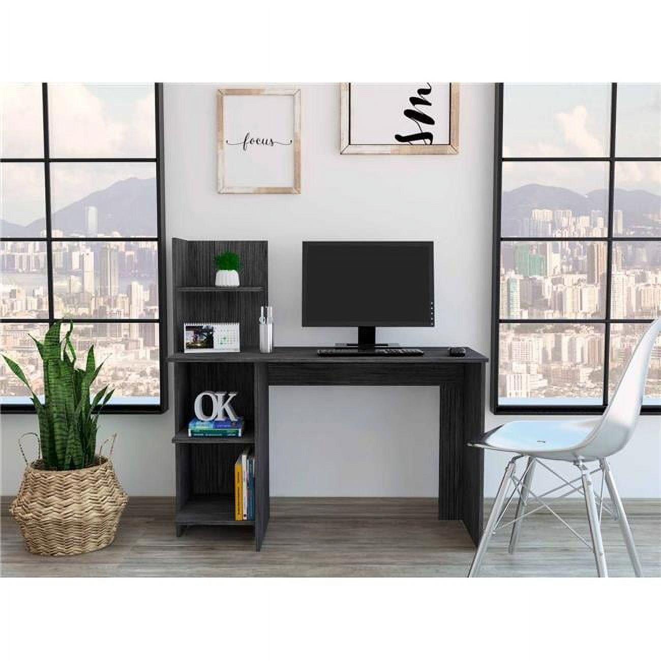 Smokey Gray Rectangular Computer Desk with Shelves