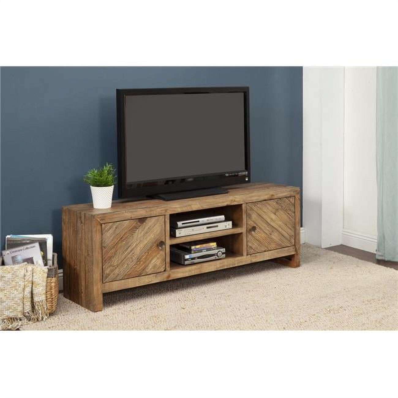 Industrial Brown Pine Wood TV Console with Cabinet