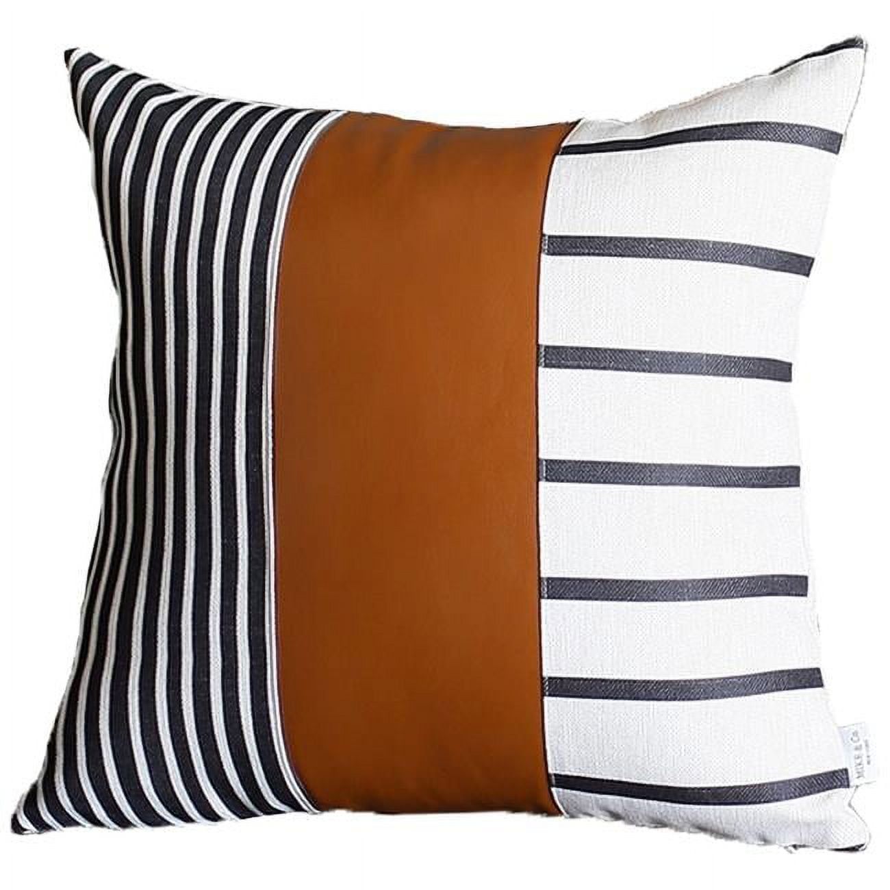 Brown and White Faux Leather Striped 17" Pillow Cover Set