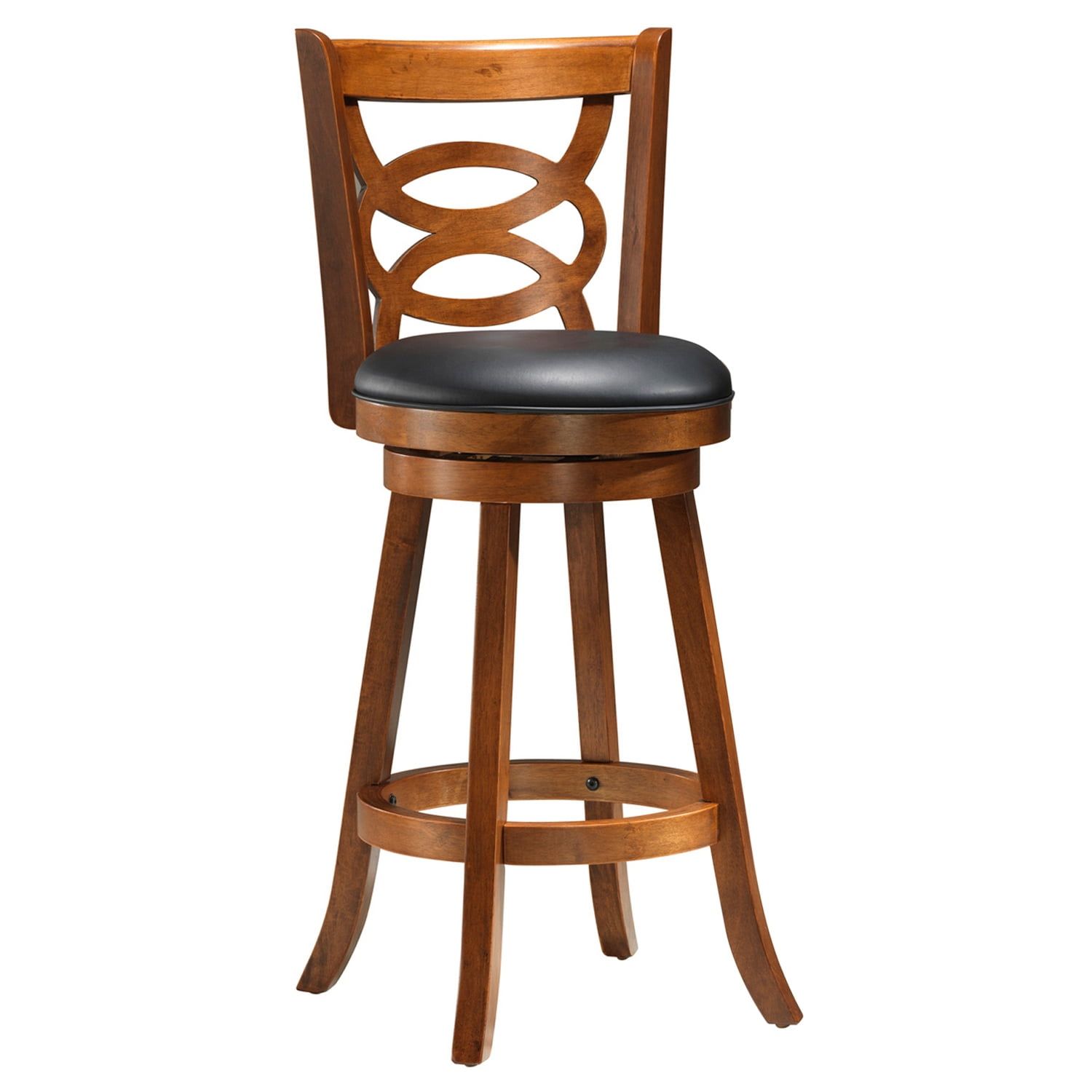 Elegant 35" Black Leather and Oak Swivel Barstool Set