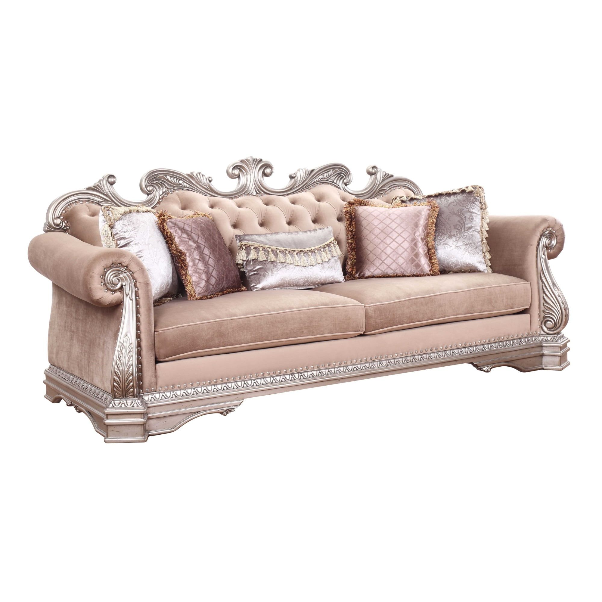 Antique Champagne Velvet Tufted Sofa with Rolled Arms and Nailhead Details