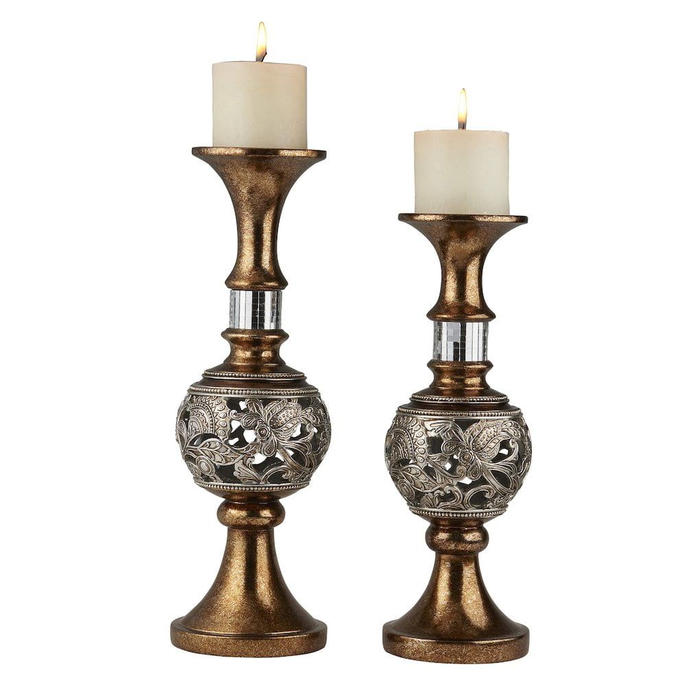 Set of Two Silver and Brown Filigree Pillar Candle Holders