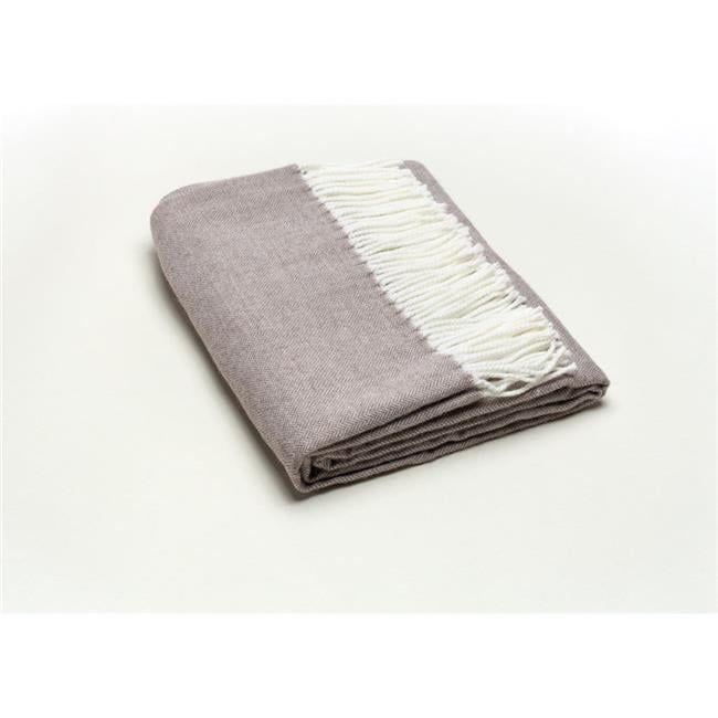 Luxurious Taupe and White Wool Herringbone Throw Blanket with Tassels