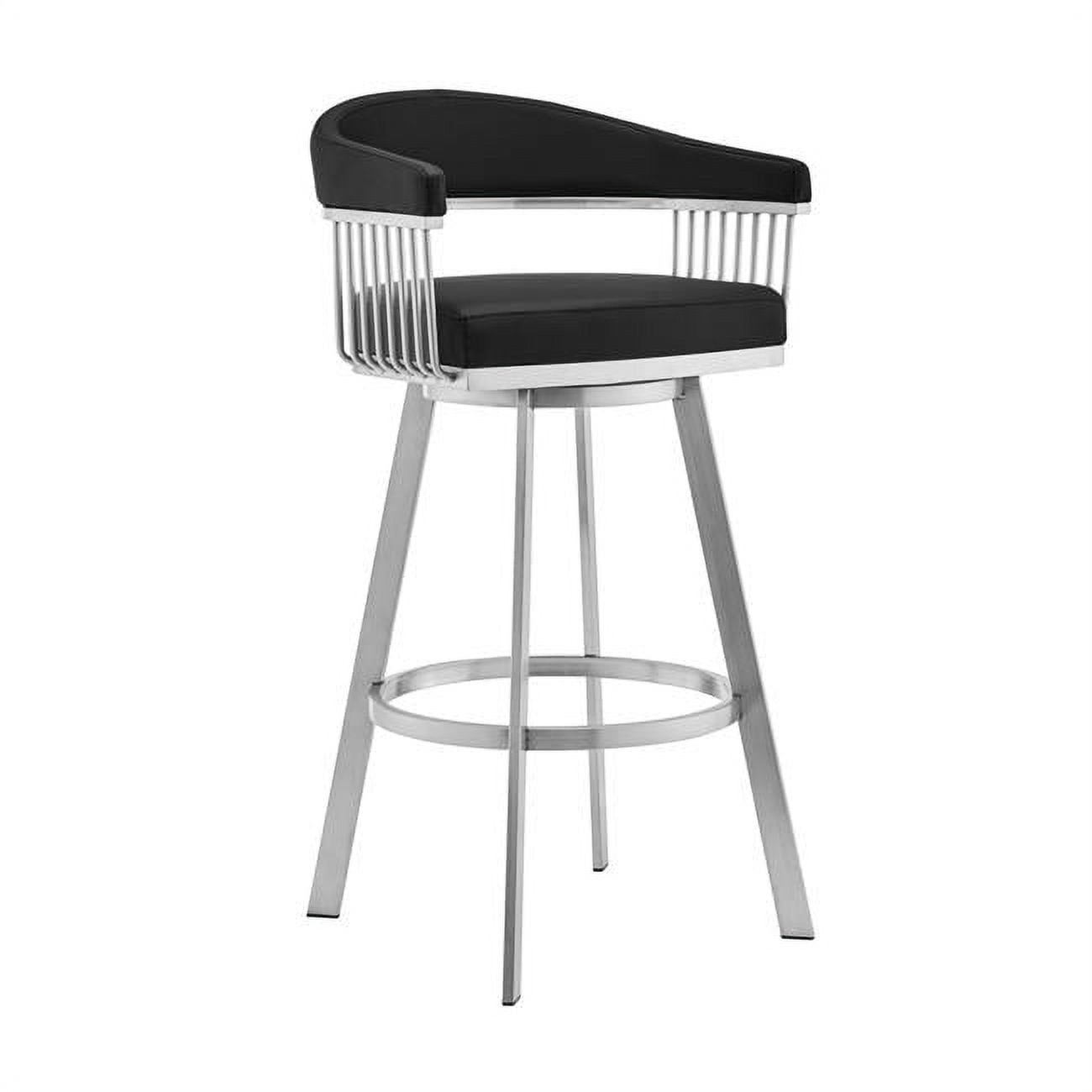 30" Mod Swivel Bar Stool in Black Faux Leather with Brushed Silver Finish