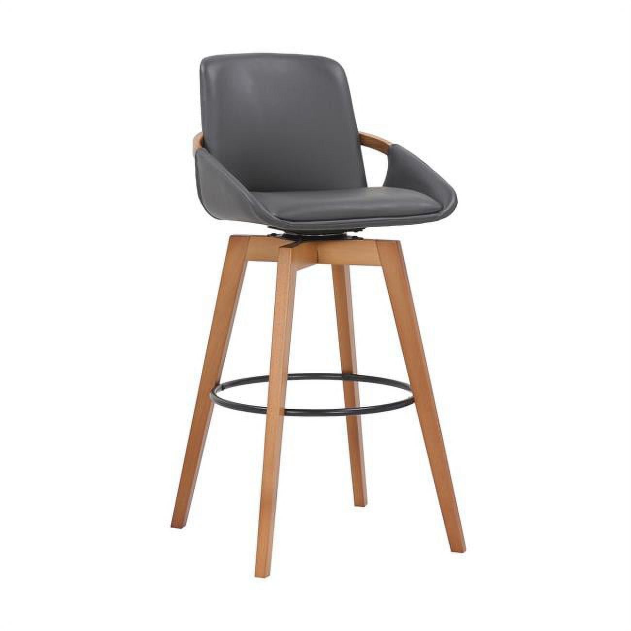 Luxurious Gray Faux Leather and Walnut Wood Swivel Bar Stool