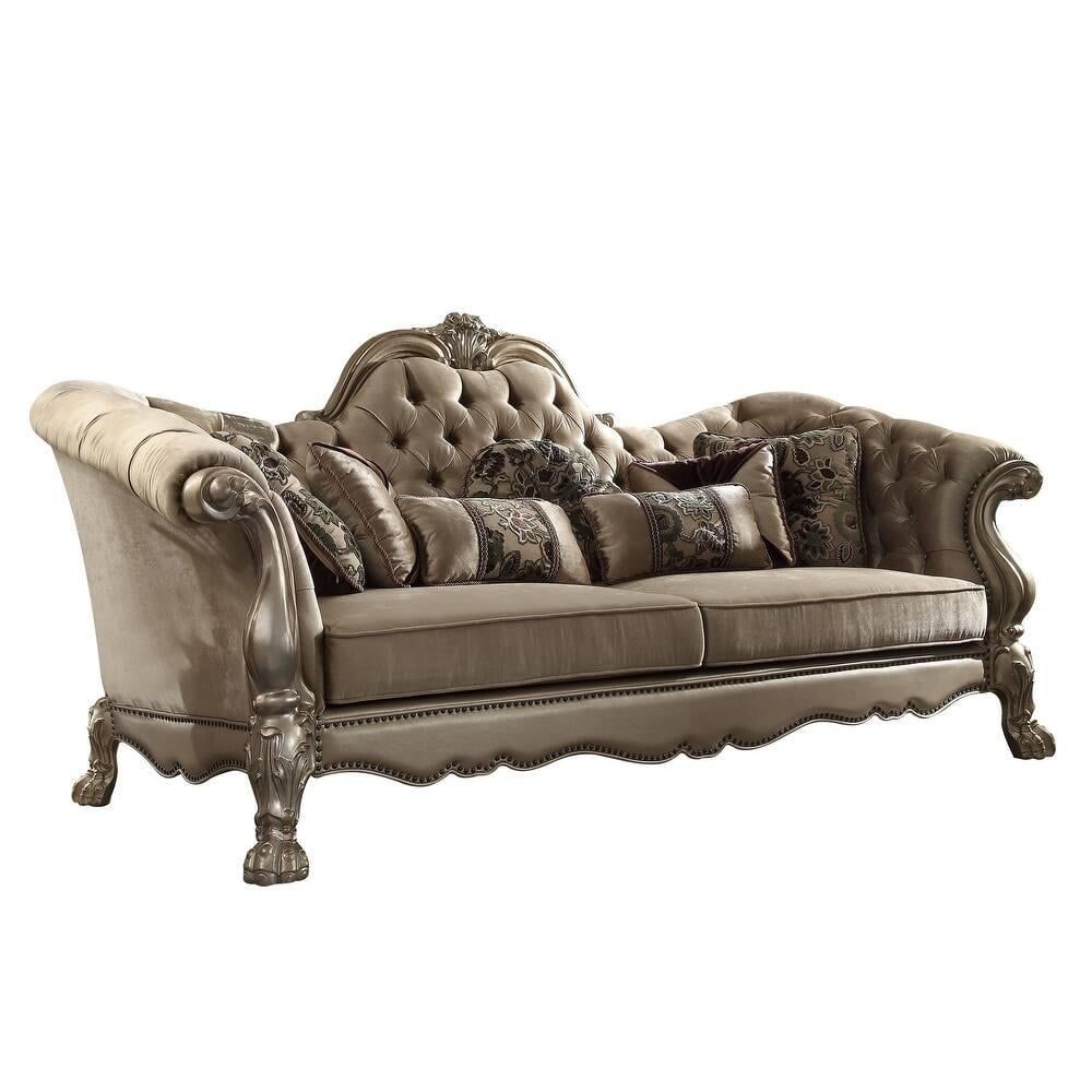 96" Bone Velvet Sofa with Gold Legs and Toss Pillows