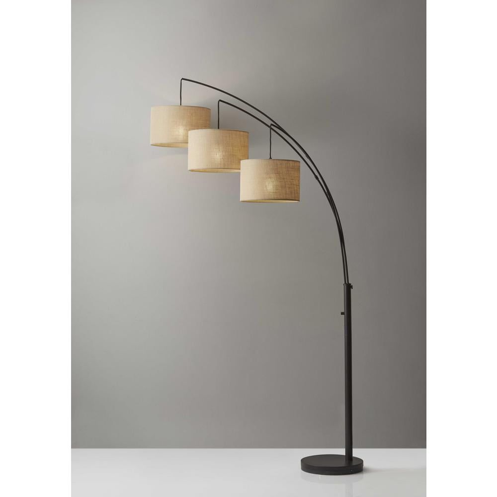 Contemporary Bronze Arc Floor Lamp with Beige Burlap Shades