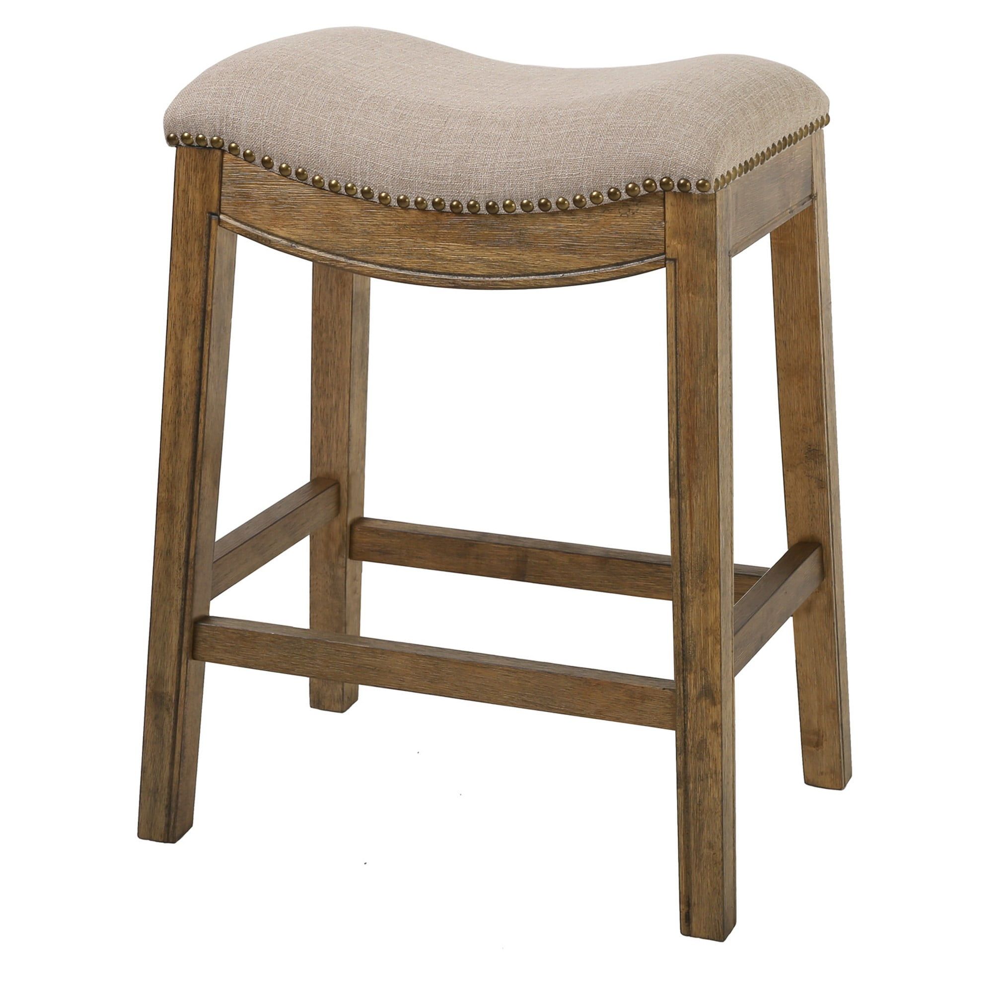 Traditional Cream and Wood Brown Saddle Counter Stool with Brass Accents