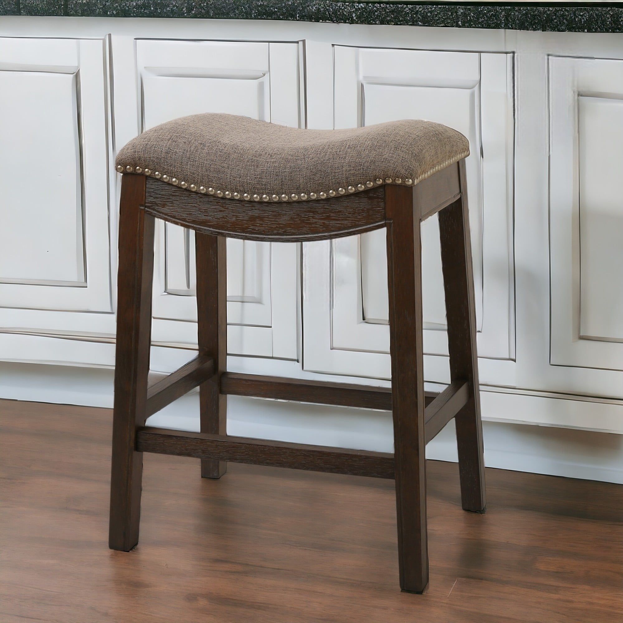 25" Saddle Style Wood Counter Stool in Cobble Gray with Nailhead Accents