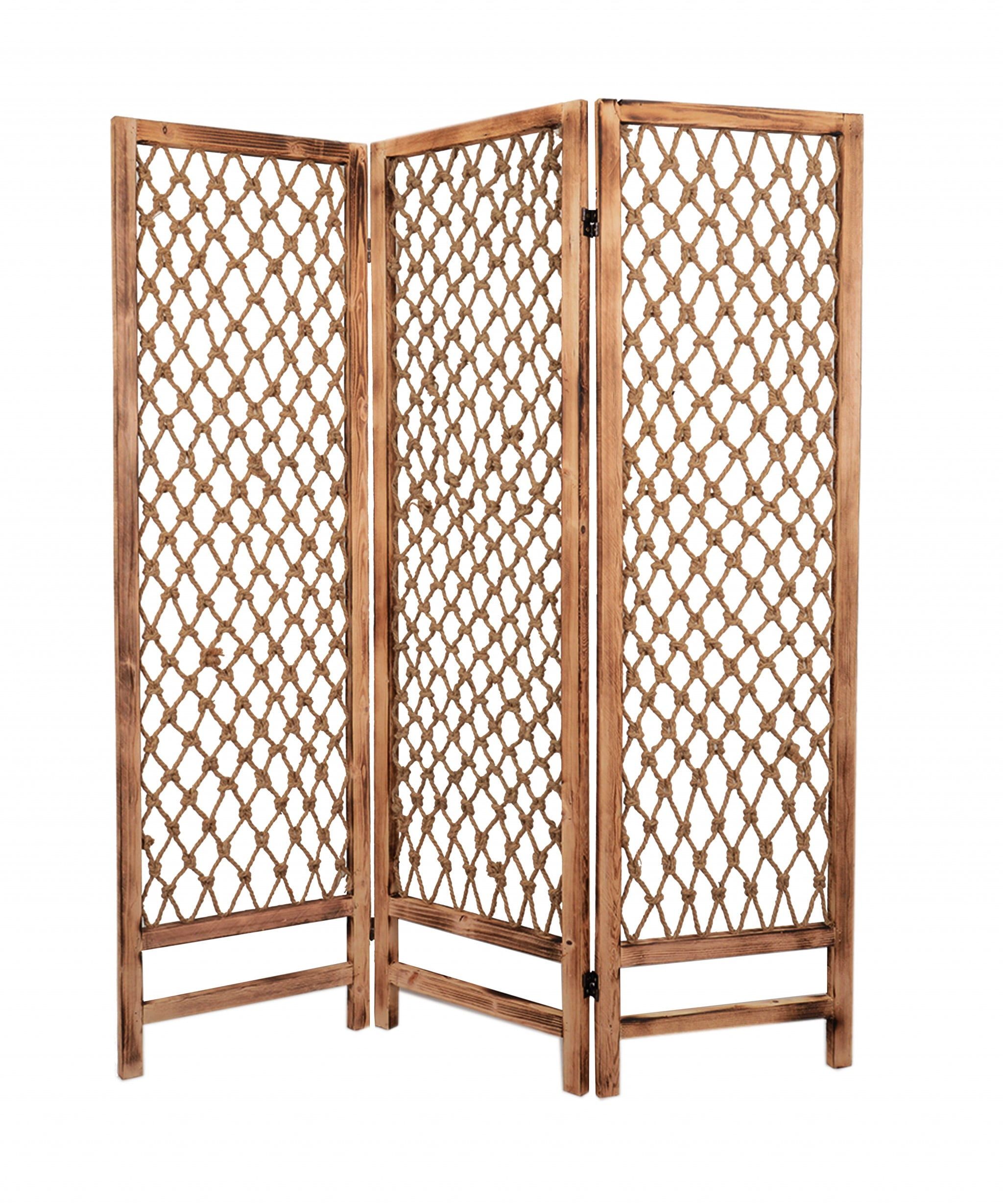 Natural Rope and Wood 3-Panel Room Divider Screen