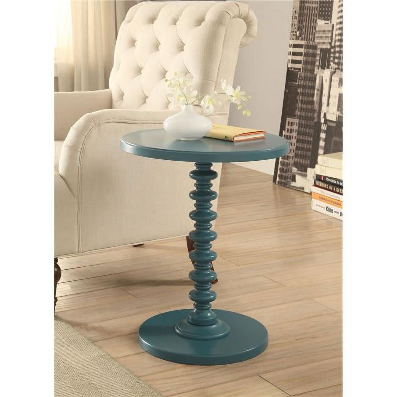 Teal Round Solid Wood Pedestal Side Table