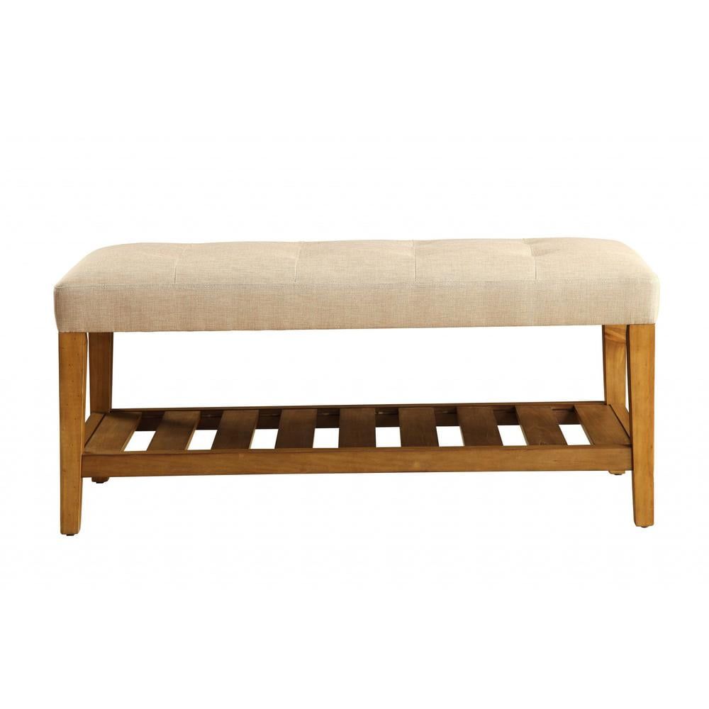 Beige and Oak Upholstered Bench with Storage Shelf