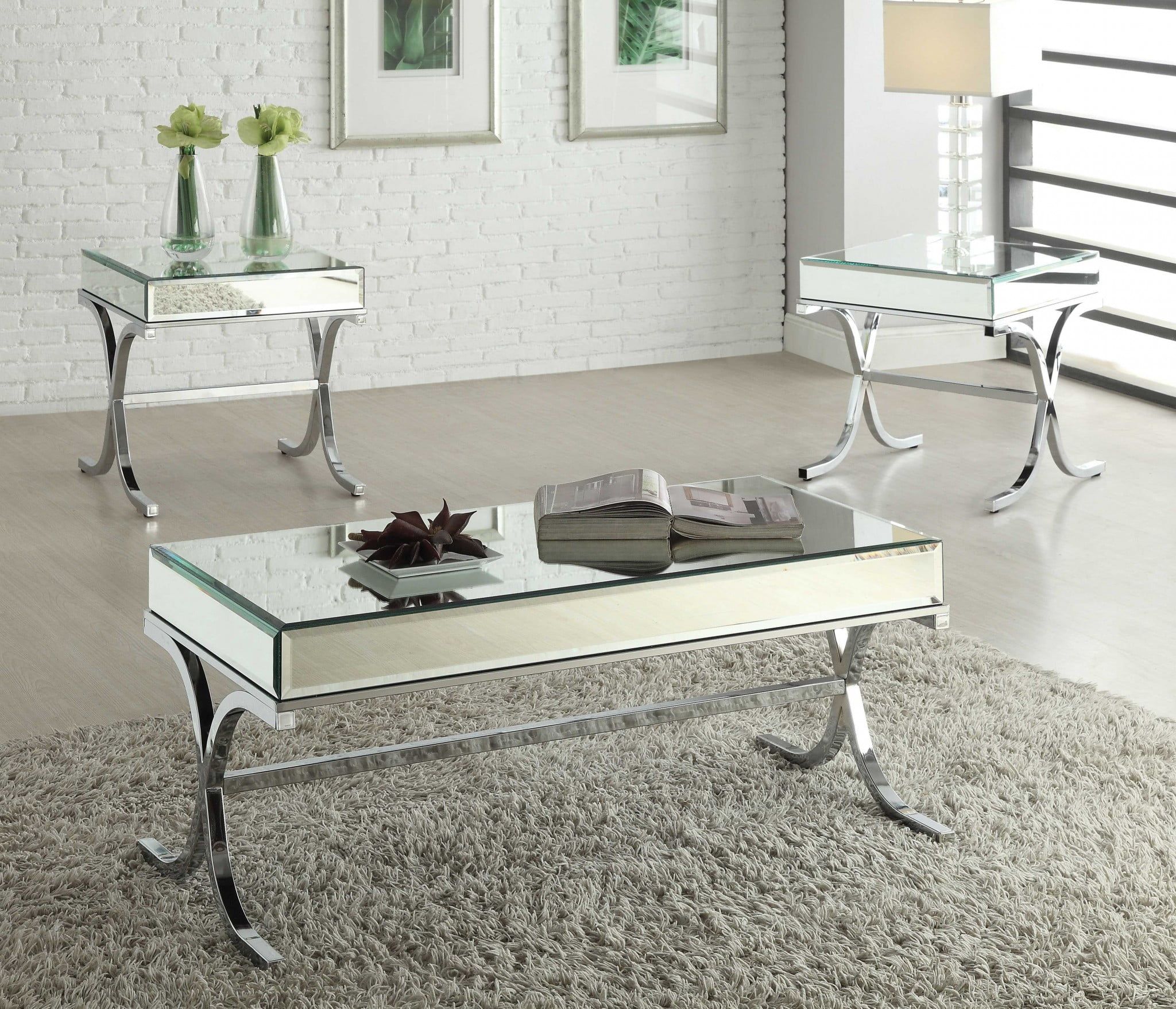 Elegant Rectangular Mirrored Top & Chrome Coffee Table