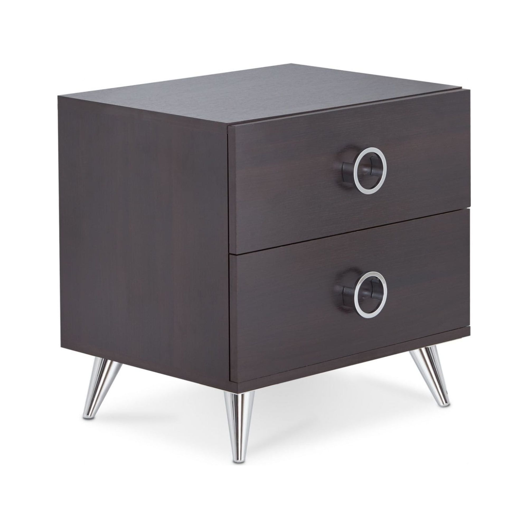 Espresso Wood 2-Drawer Rectangular Night Stand with Silver Legs