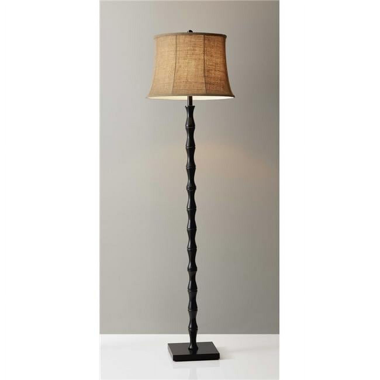 Traditional Carved Black Metal Floor Lamp with Brown Burlap Shade - 62"