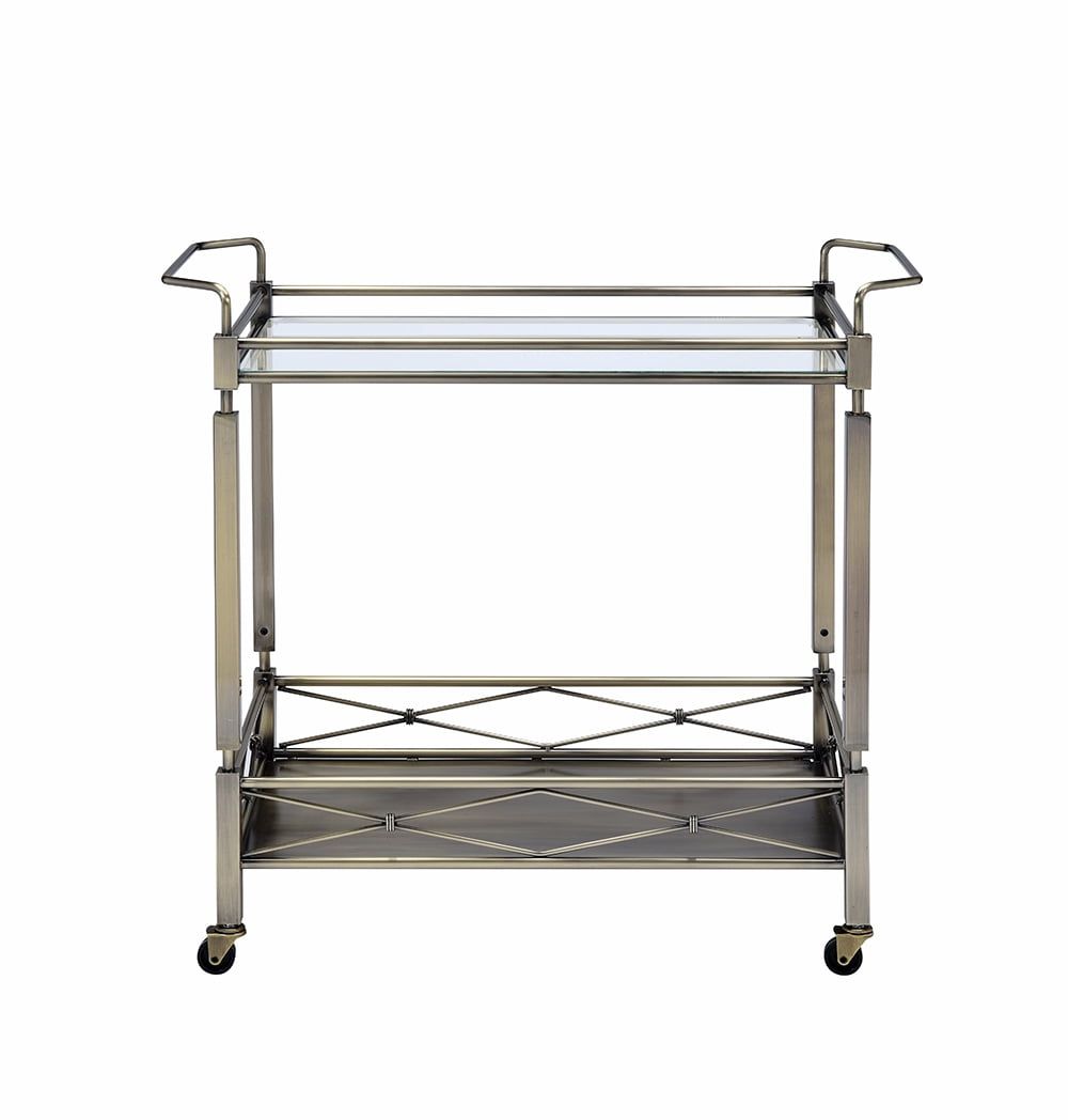 32" Antique Brass Metal Serving Cart with Clear Glass Shelves