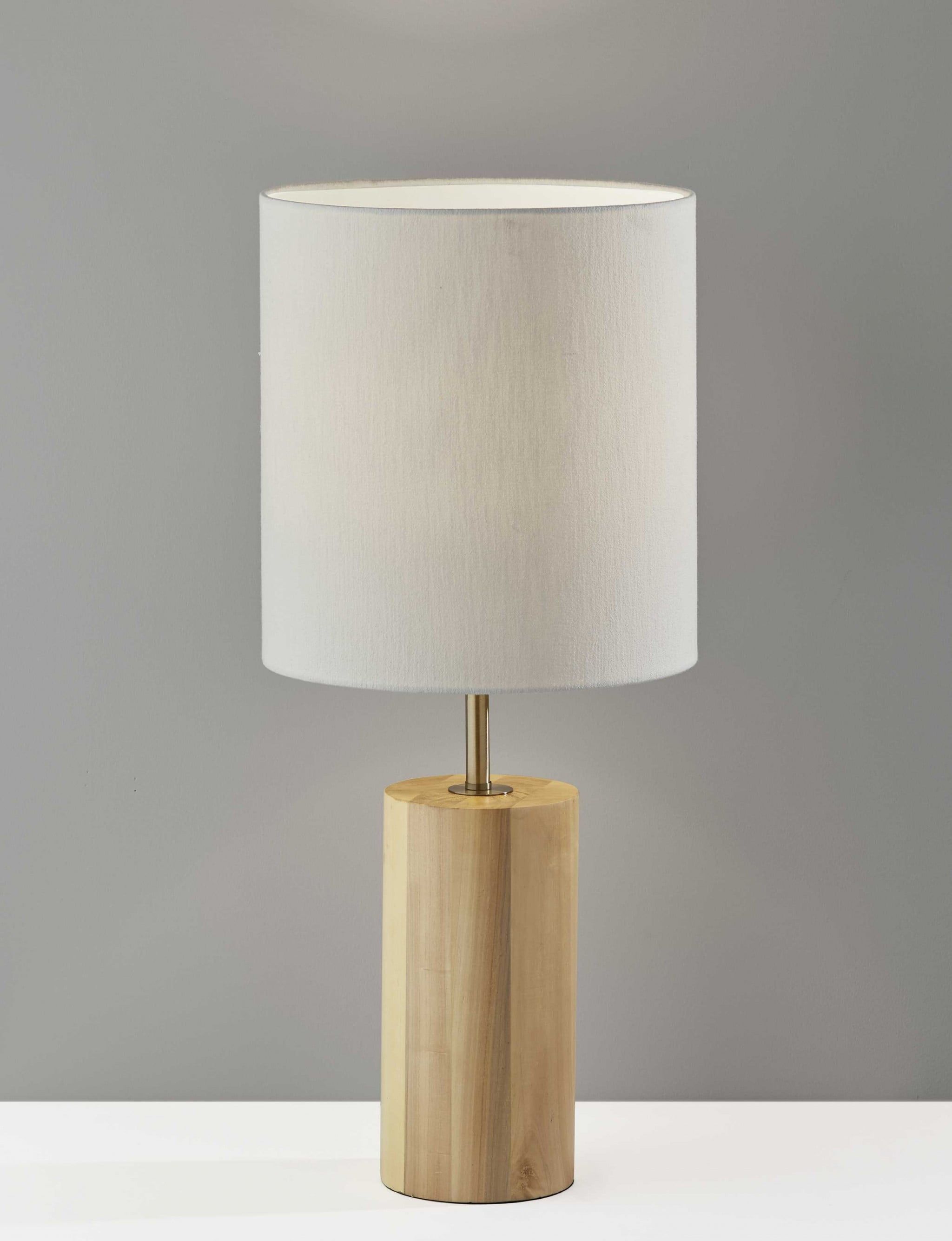 Natural Oak and Brass Table Lamp with White Fabric Shade