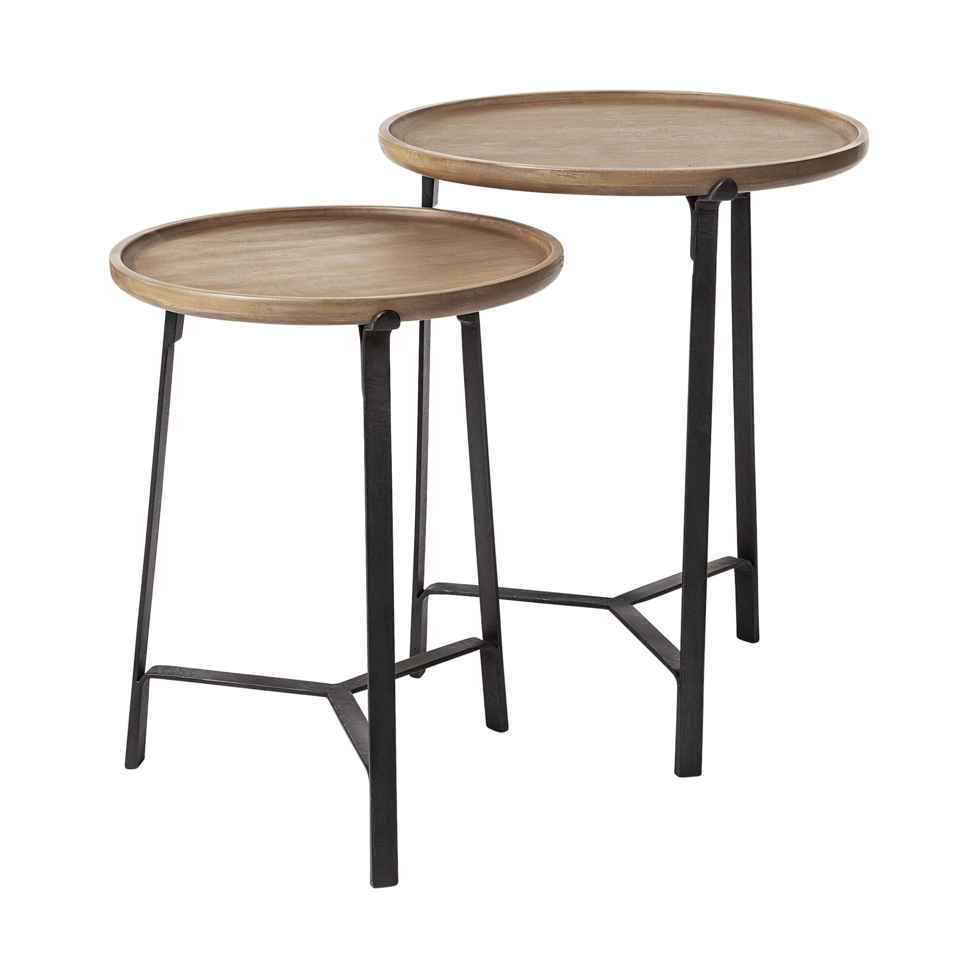 Round Brown Wood and Iron Nesting Side Tables, Set of 2